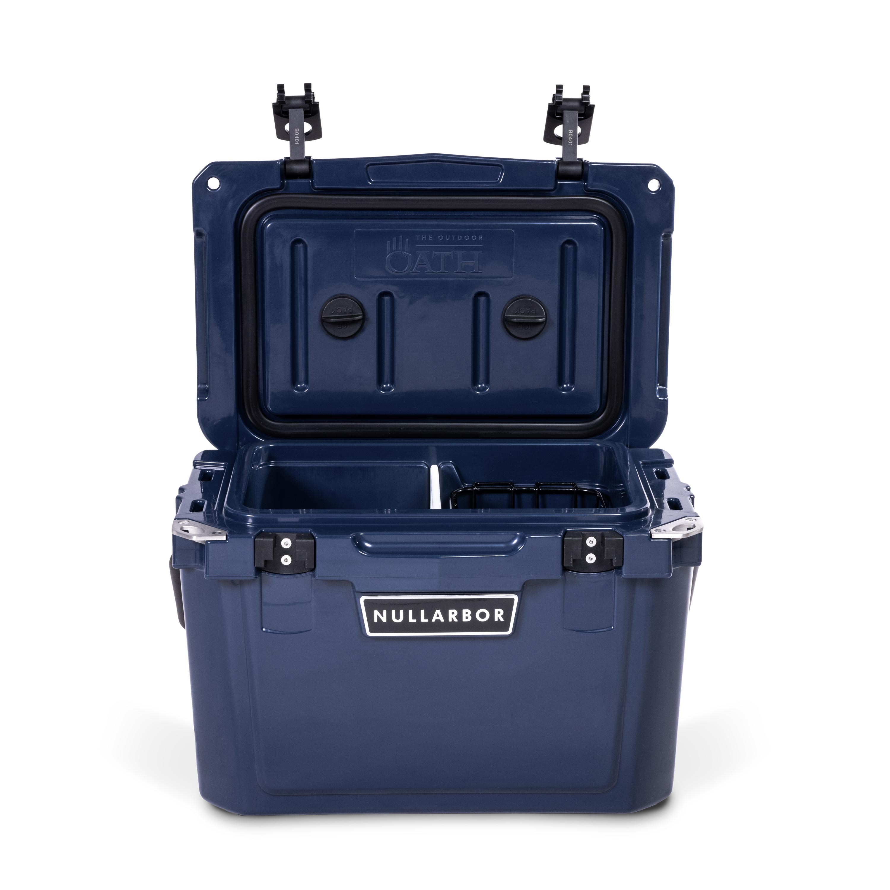 Front view of open small 19 litre blue cooler box with 2 easy lock latches on lid and bottle openers on each corner. Food divider / chopping board and wire food basket inside.