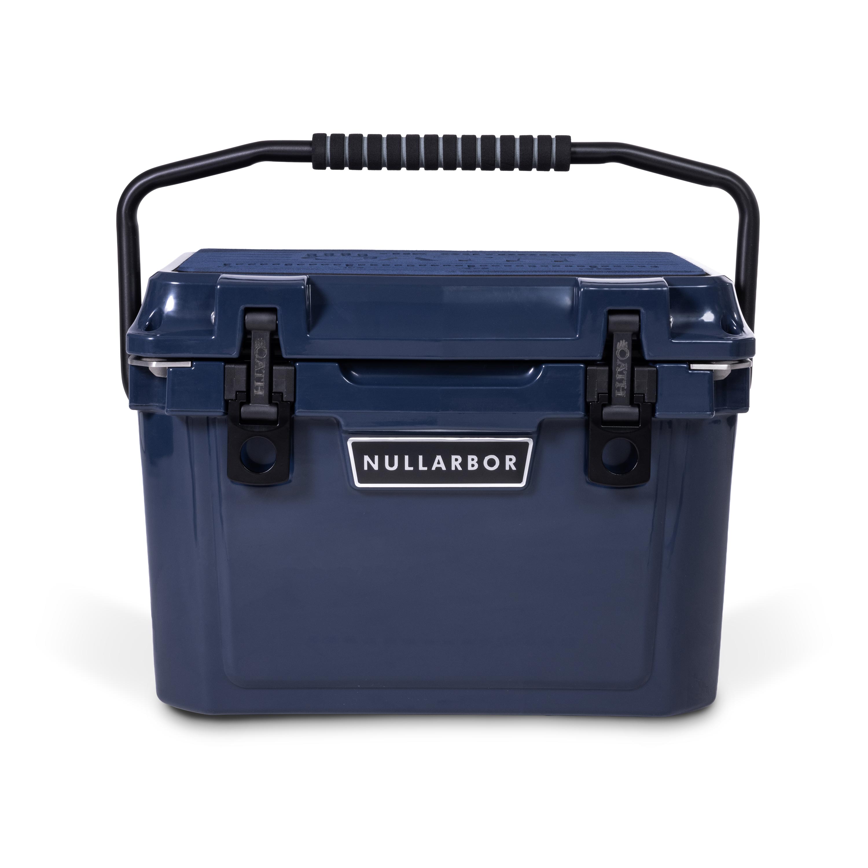 Front view of closed small 19 litre blue cooler box with carry handle, 2 easy lock latches on front and bottle openers on each corner. Blue foam mat on lid with fish catch ruler.