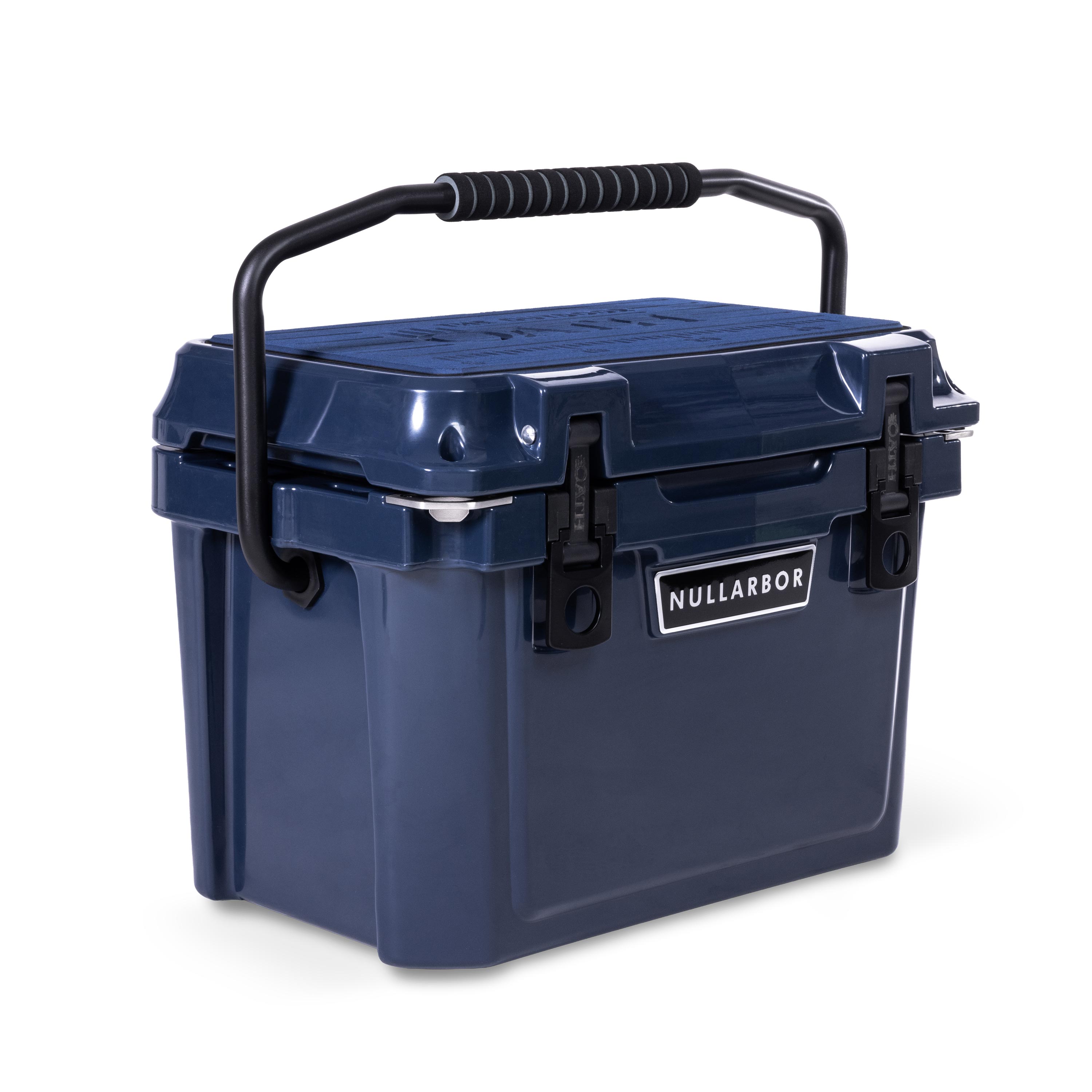 Left side 45 degree view of closed small 19 litre blue cooler box with carry handle, 2 easy lock latches on front and bottle openers on each corner. Blue foam mat on lid with fish catch ruler.