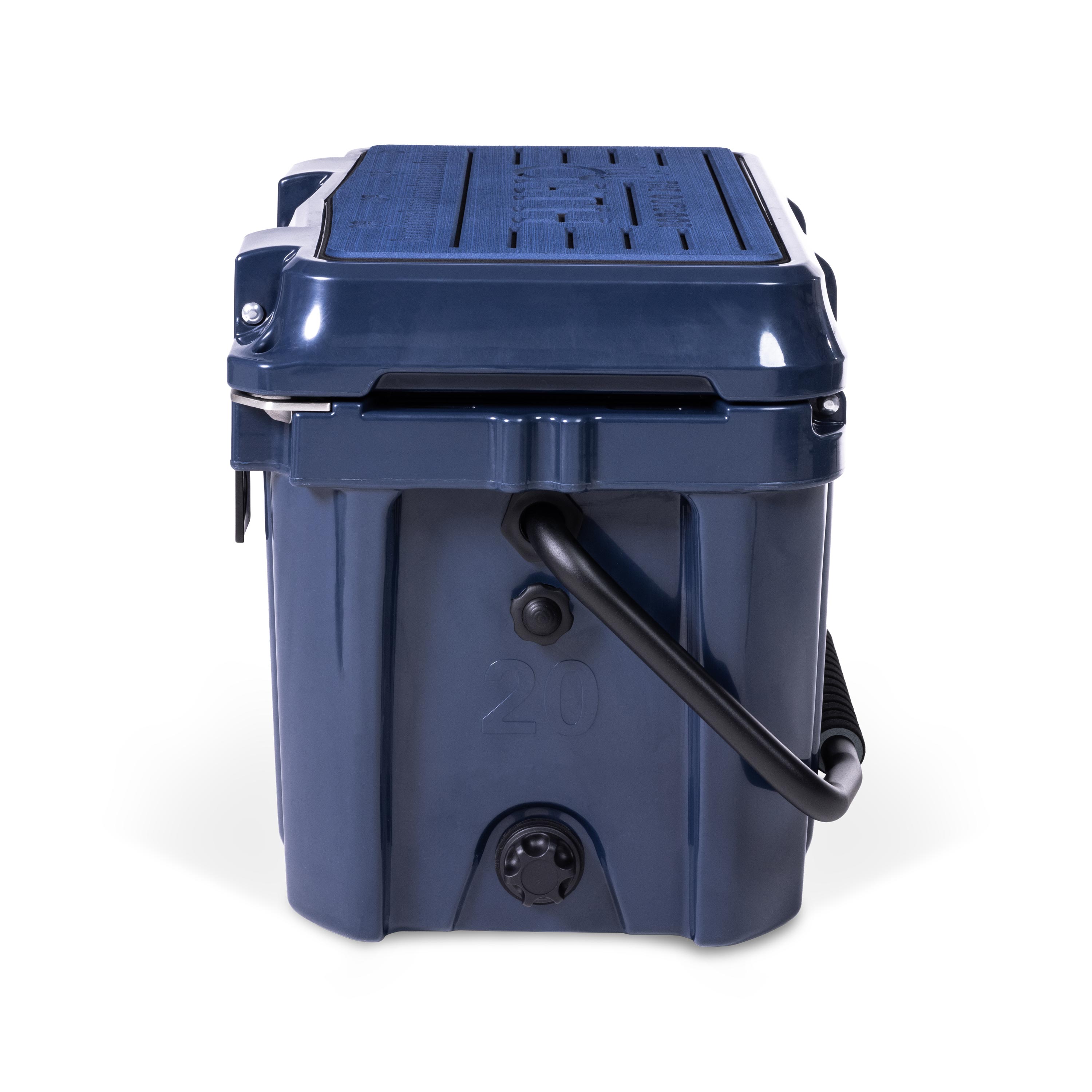 Right side view of closed small 19 litre blue cooler box with carry handle, pressure release valve and leak proof easy flow drainage plug. Blue foam mat on lid with fish catch ruler.