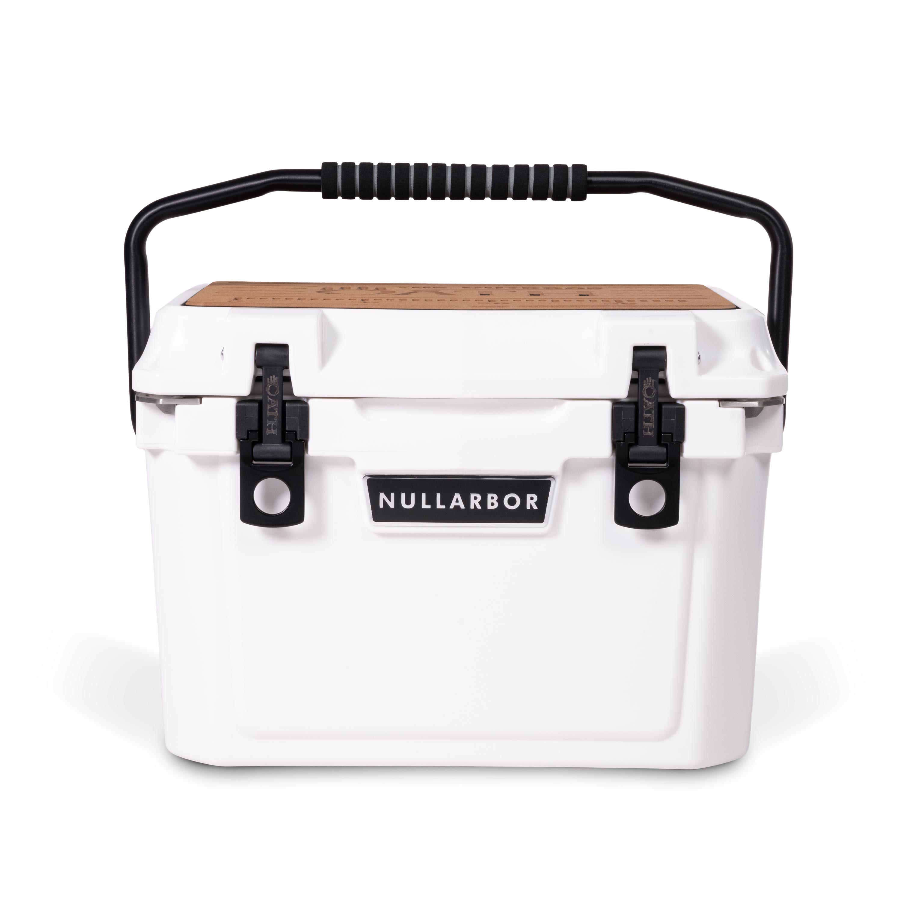 Front view of closed small 19 litre white cooler box with carry handle, 2 easy lock latches on front and bottle openers on each corner. Tan foam mat on lid with fish catch ruler.