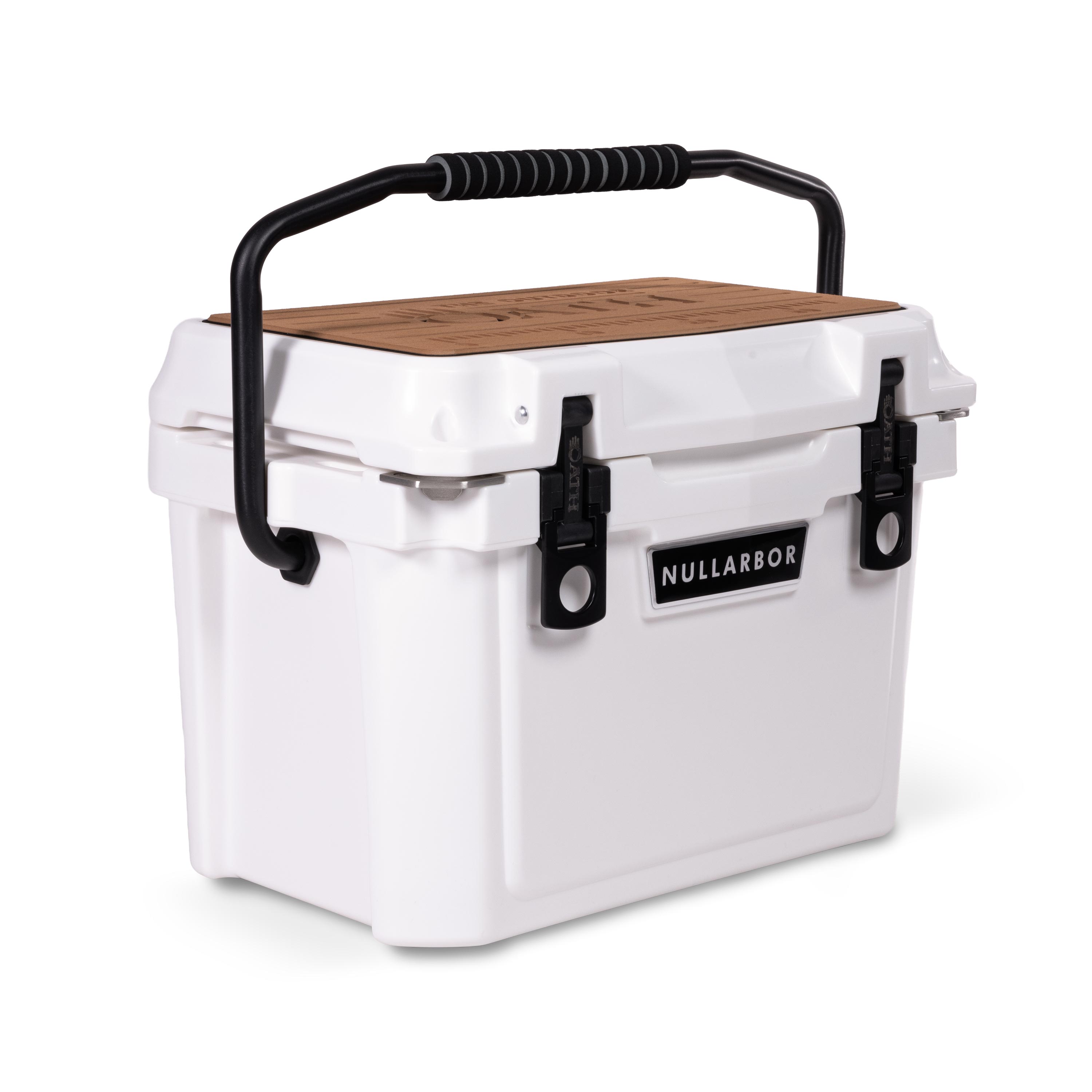 Left side 45 degree view of closed small 19 litre white cooler box with carry handle, 2 easy lock latches on front and bottle openers on each corner. Tan foam mat on lid with fish catch ruler.
