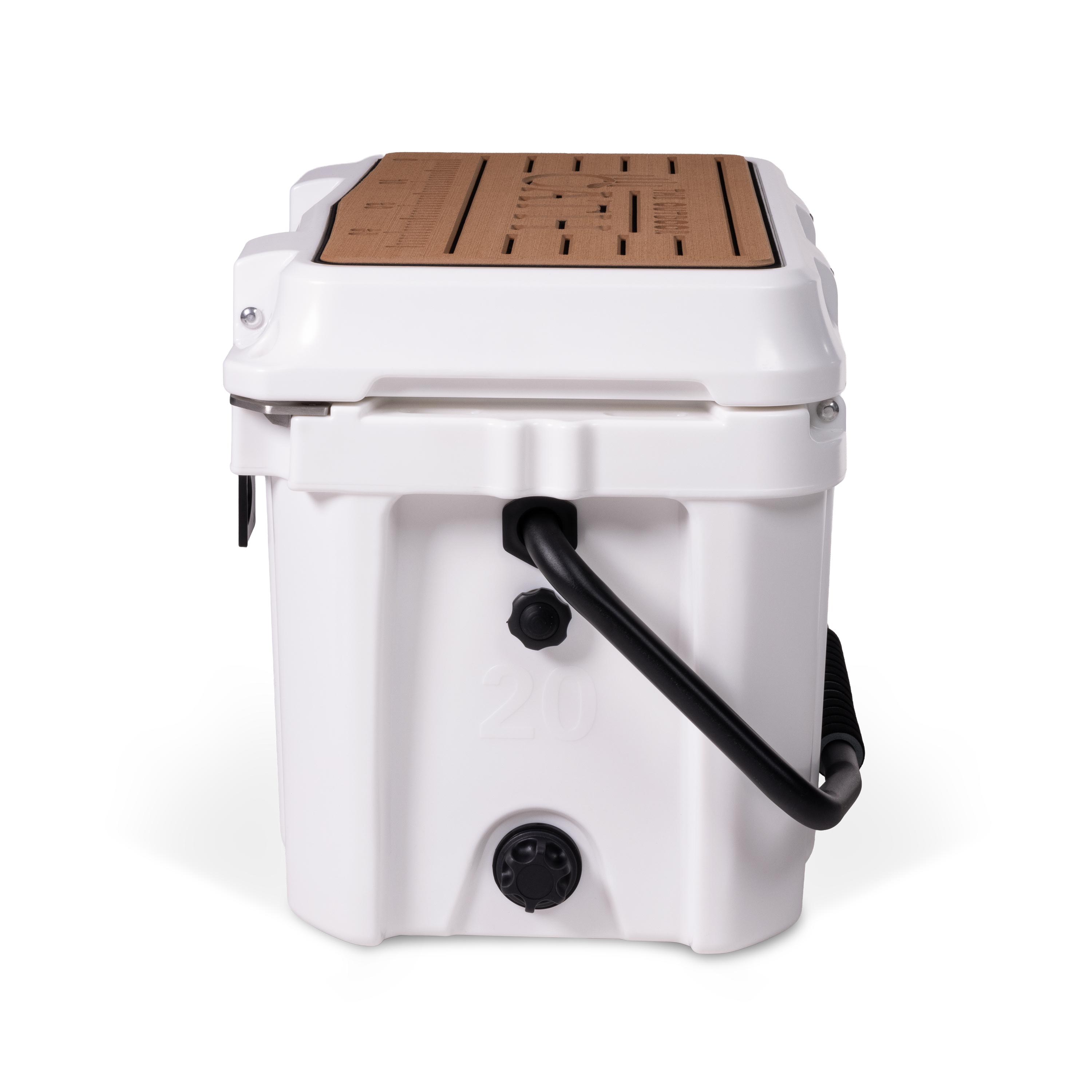 Right side view of closed small 19 litre white cooler box with carry handle, pressure release valve and leak proof easy flow drainage plug. Tan foam mat on lid with fish catch ruler.