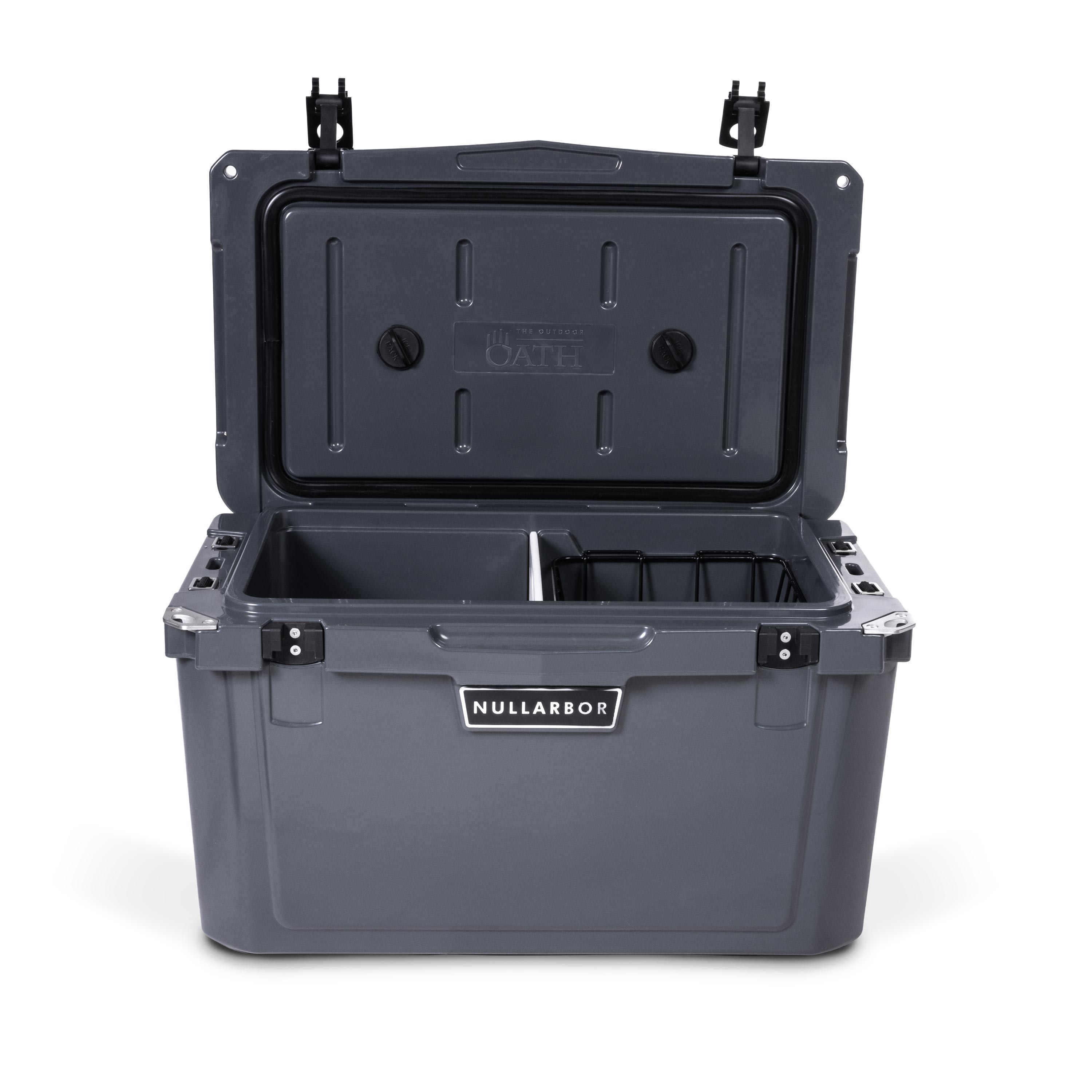 Front view of open medium 43 litre dark grey cooler box with 2 easy lock latches on lid and bottle openers on each corner. Food divider / chopping board and wire food basket inside.