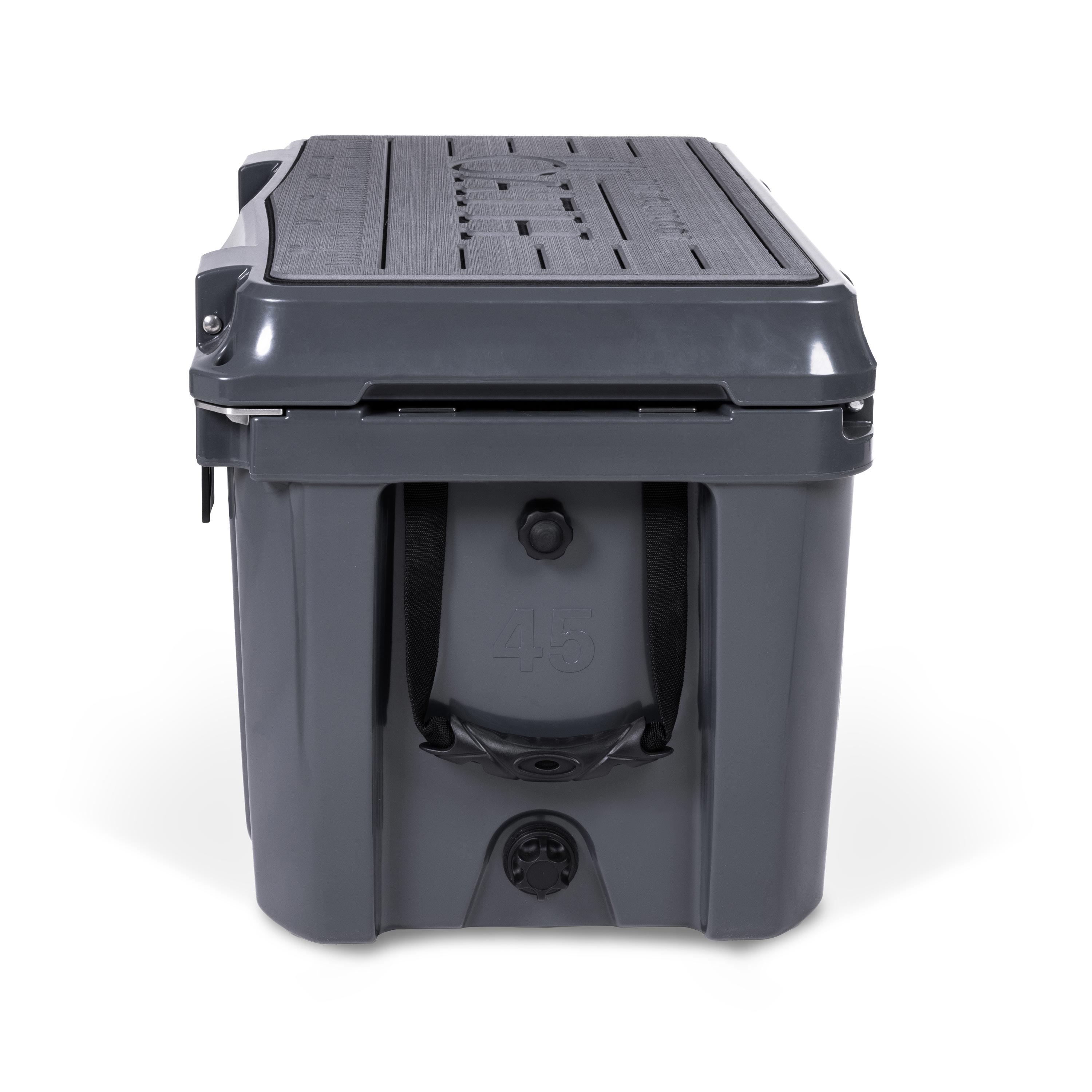 Right side view of closed medium 43 litre dark grey cooler box with side handle, pressure release valve and leak proof easy flow drainage plug. Grey foam mat on lid with fish catch ruler.
