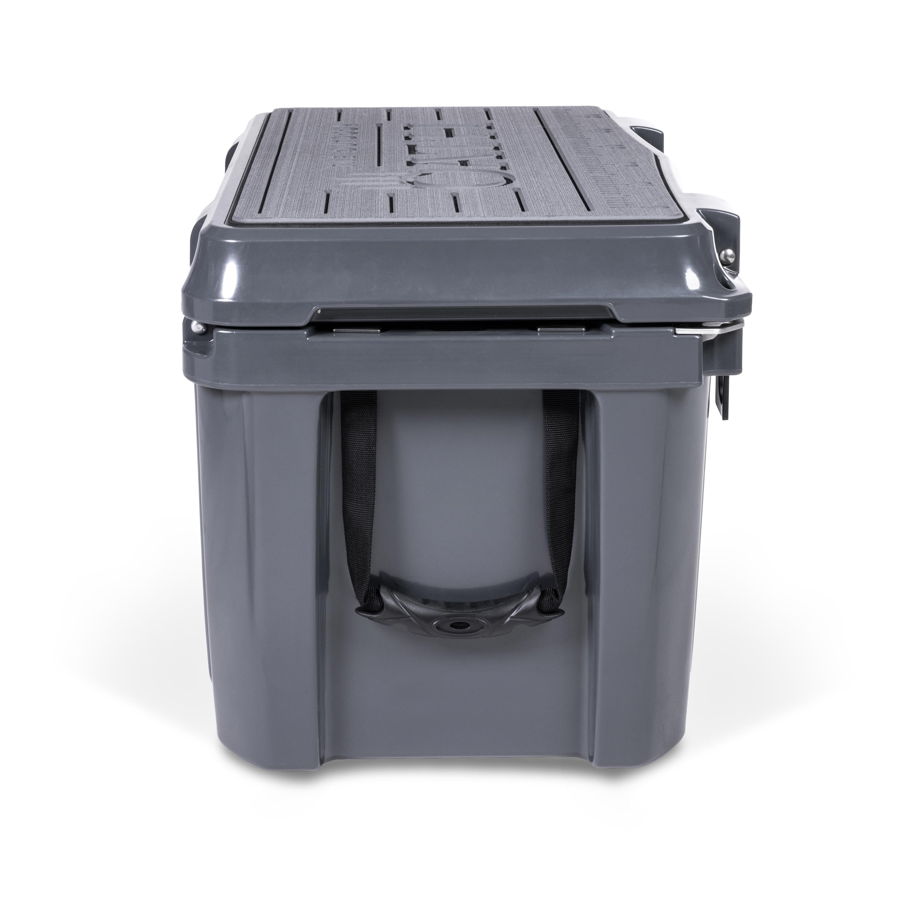 Left side view of closed medium 43 litre dark grey cooler box with side handle. Grey foam mat on lid with fish catch ruler.
