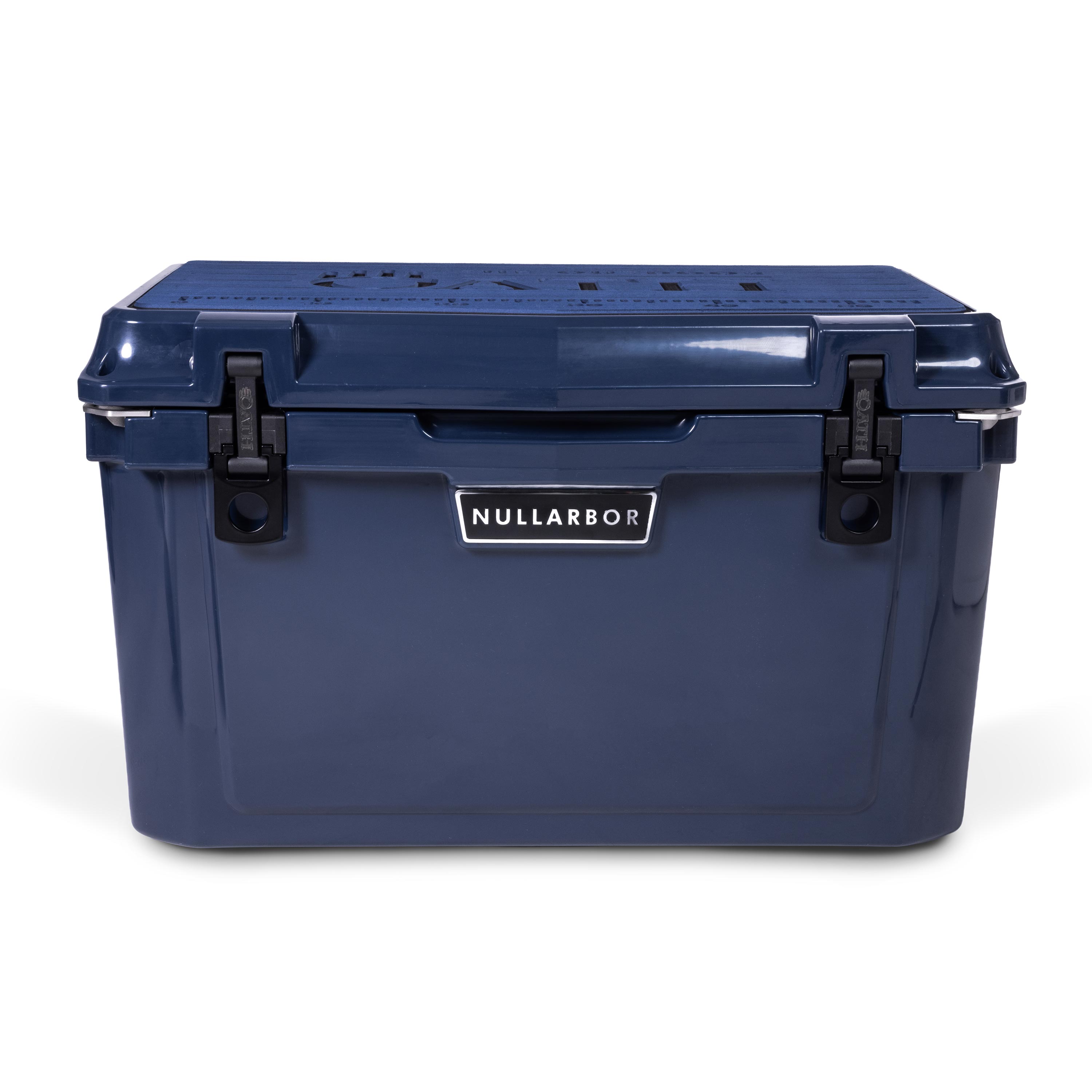 Front view of closed medium 43 litre blue cooler box with 2 easy lock latches on front and bottle openers on each corner. Blue foam mat on lid with fish catch ruler.
