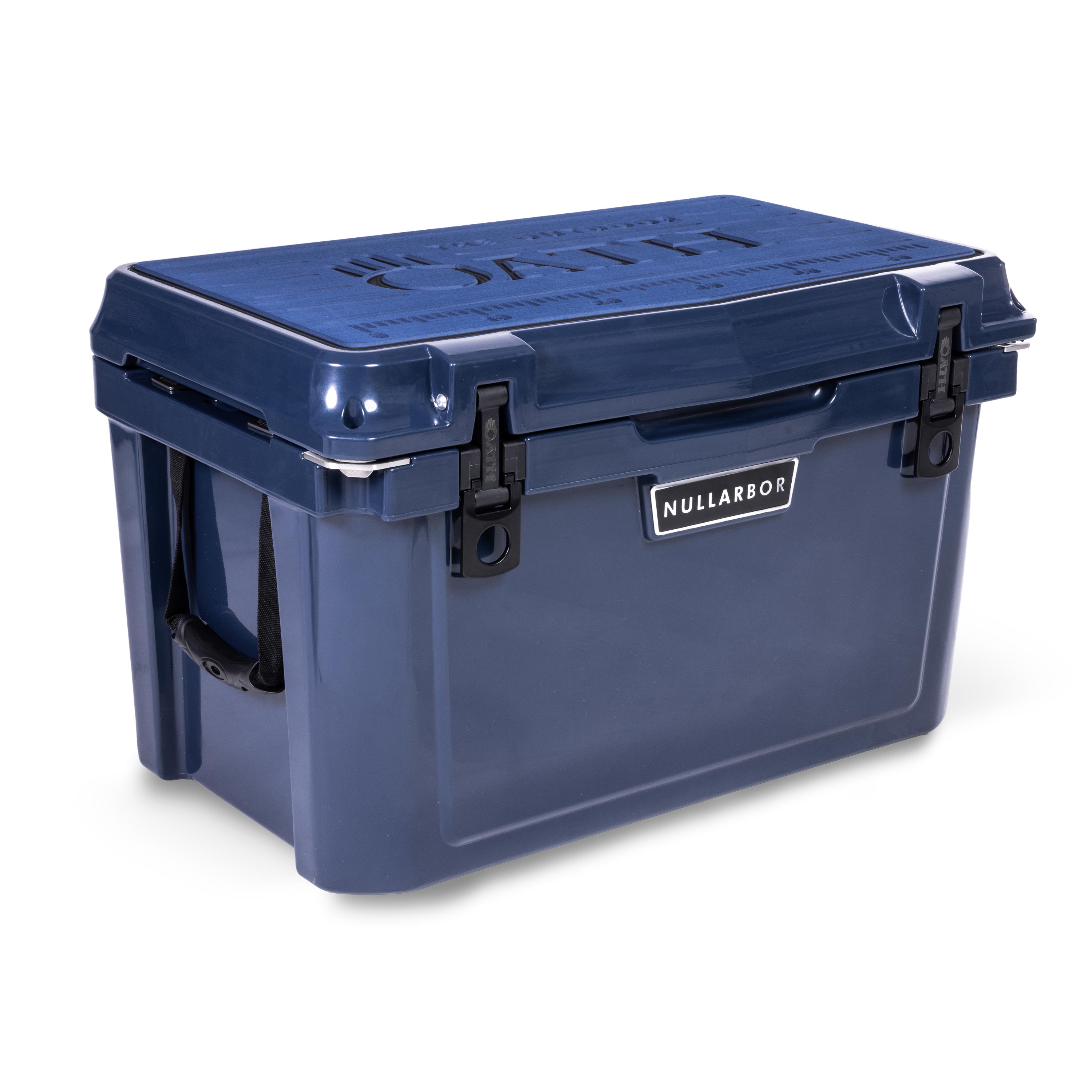 Left side 45 degree view of closed medium 43 litre blue cooler box with side handle, 2 easy lock latches on front and bottle openers on each corner. Blue foam mat on lid with fish catch ruler.