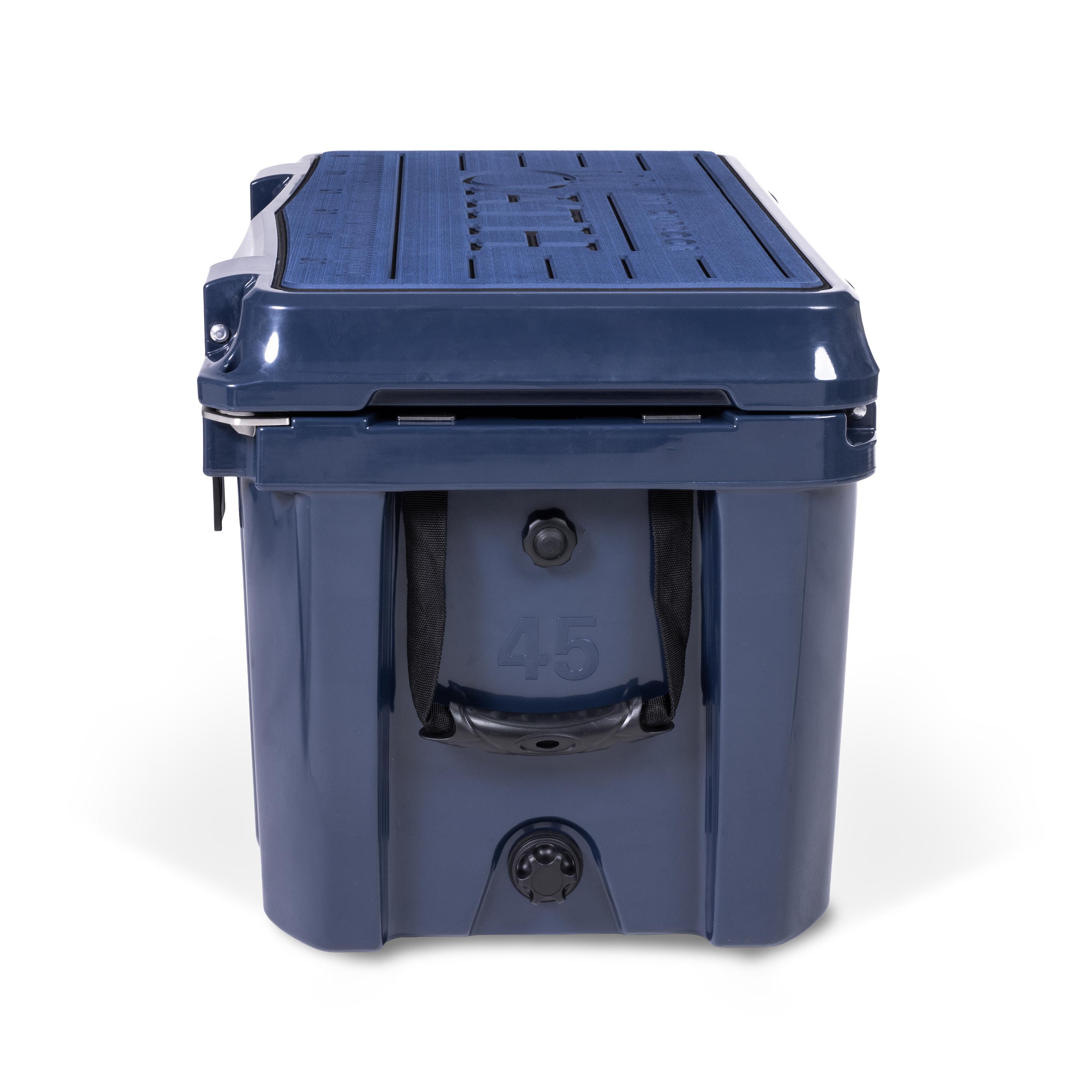 Right side view of closed medium 43 litre blue cooler box with side handle, pressure release valve and leak proof easy flow drainage plug. Blue foam mat on lid with fish catch ruler.