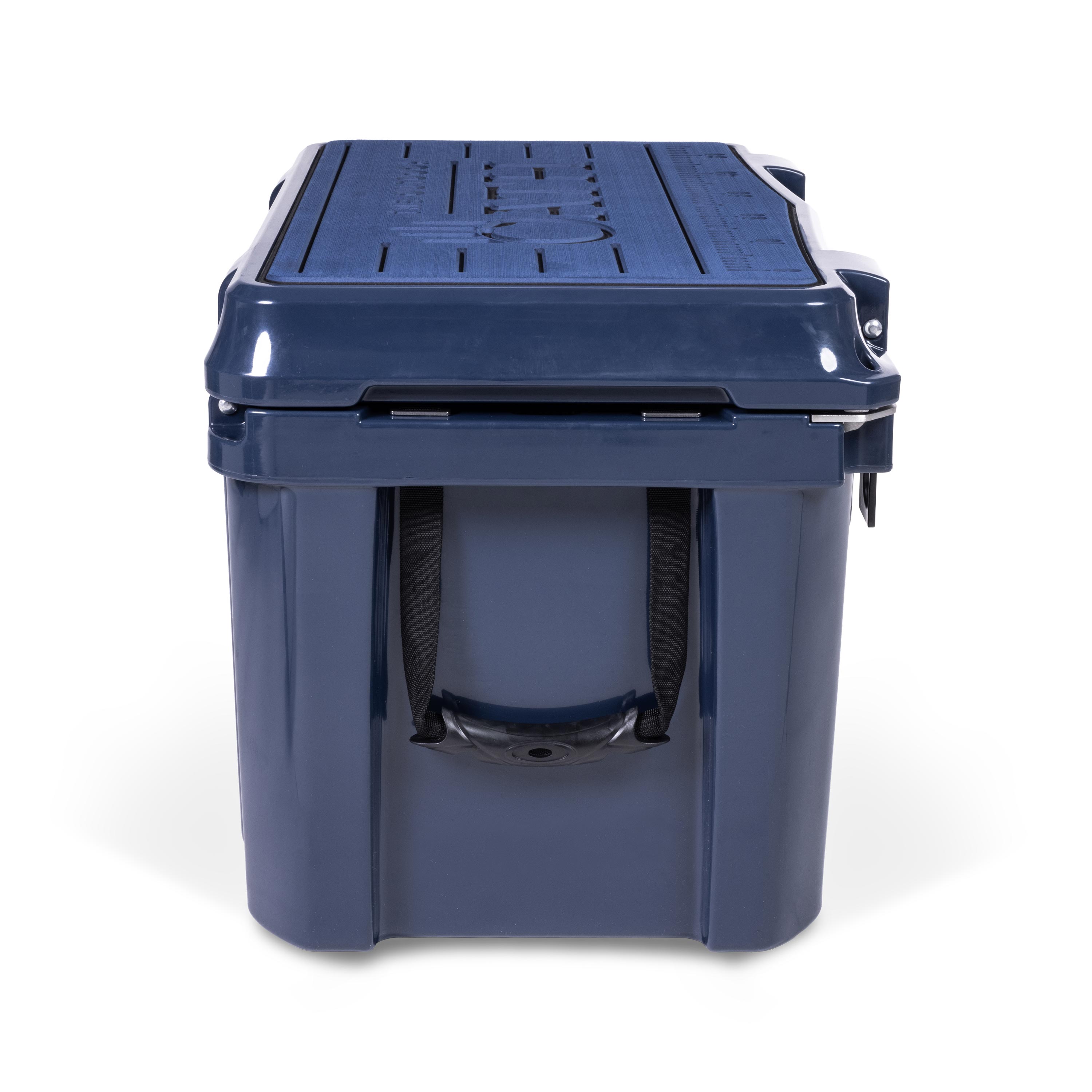 Left side view of closed medium 43 litre blue cooler box with side handle. Blue foam mat on lid with fish catch ruler.