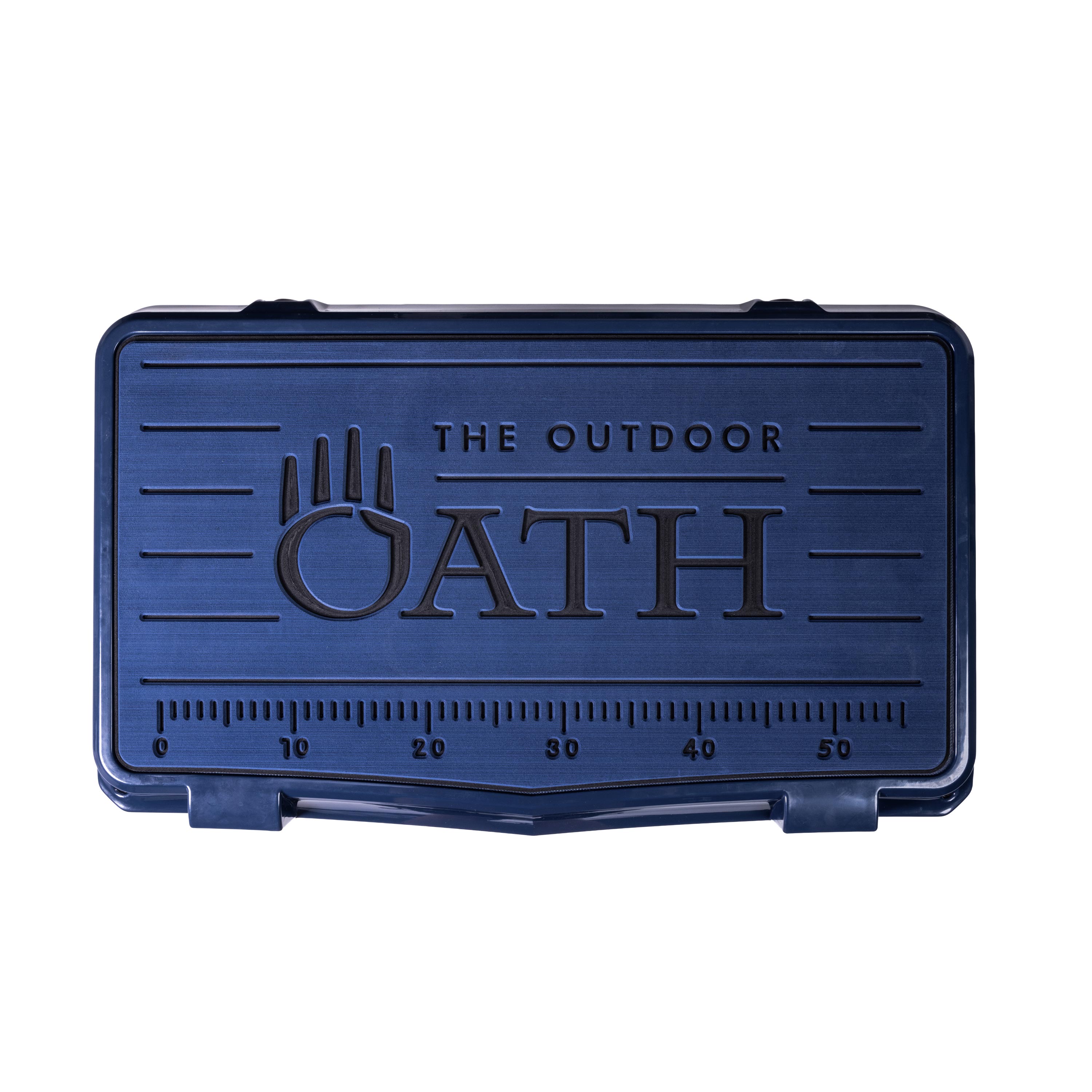 Top view of closed medium 43 litre blue cooler box with blue foam mat and fish catch ruler