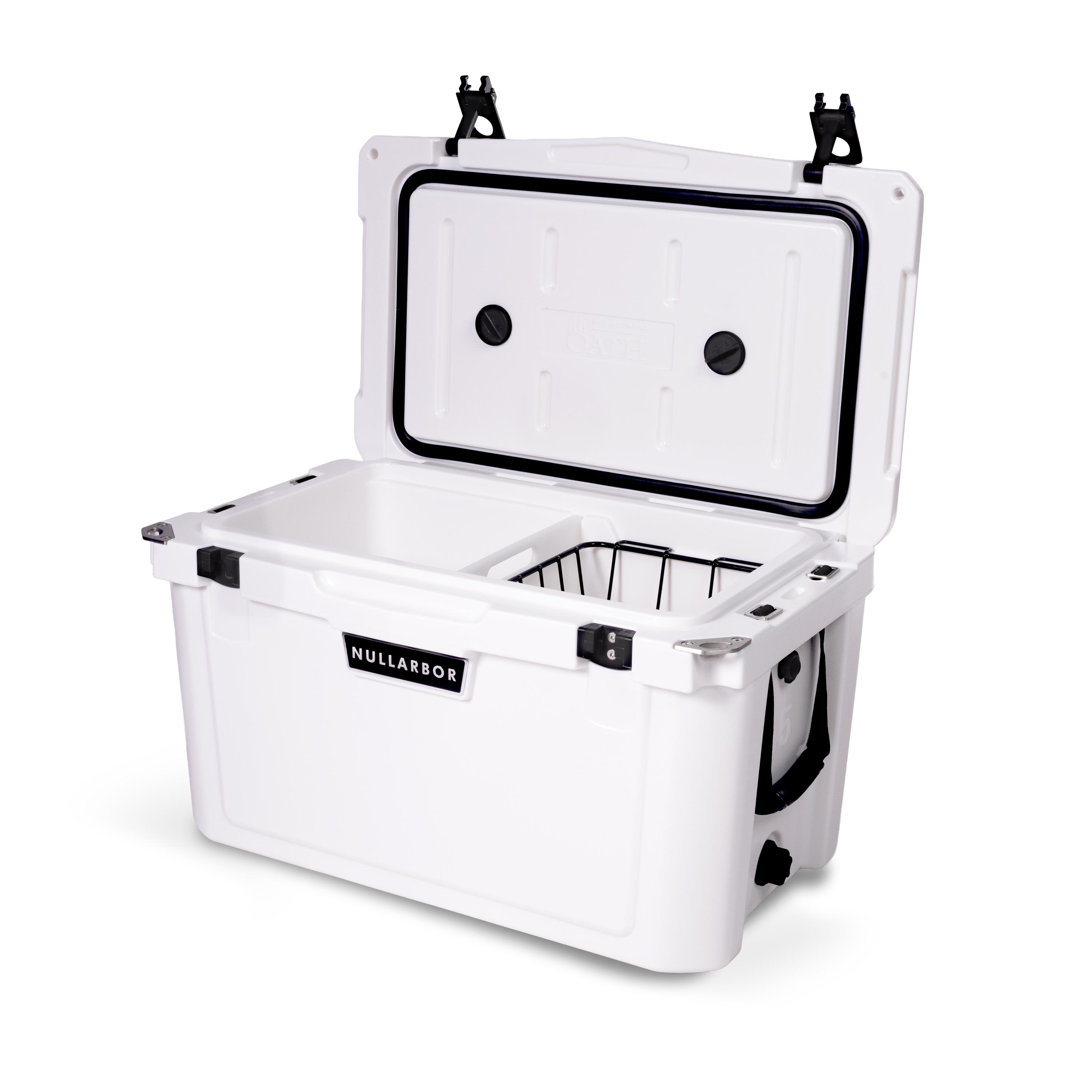 Right side 45 degree view of open medium 43 litre white cooler box with side handle, 2 easy lock latches on lid, bottle openers on each corner. Pressure release valve and leak proof easy flow drainage plug on side. Food divider / chopping board and wire food basket inside.