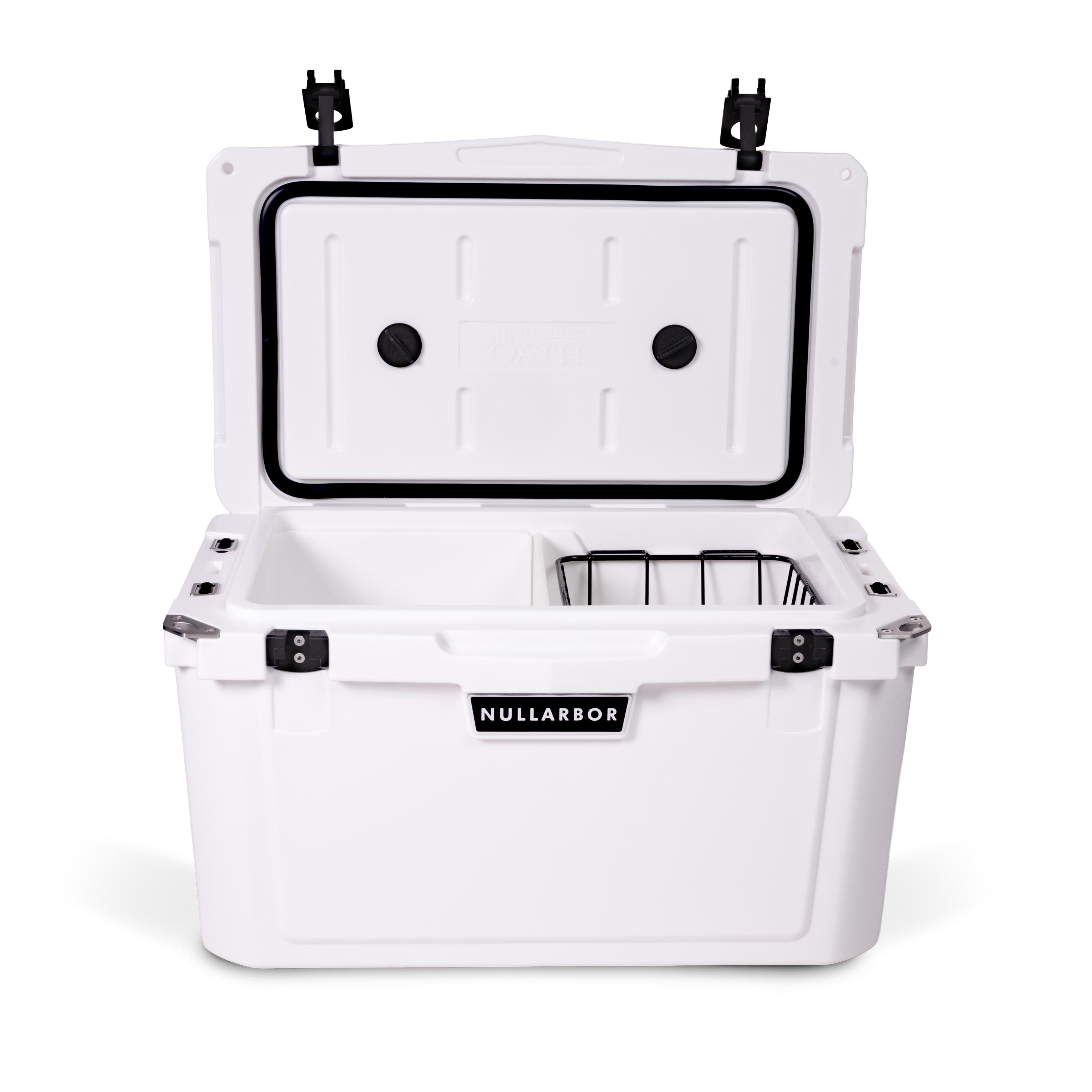 Front view of open medium 43 litre white cooler box with 2 easy lock latches on lid and bottle openers on each corner. Food divider / chopping board and wire food basket inside.