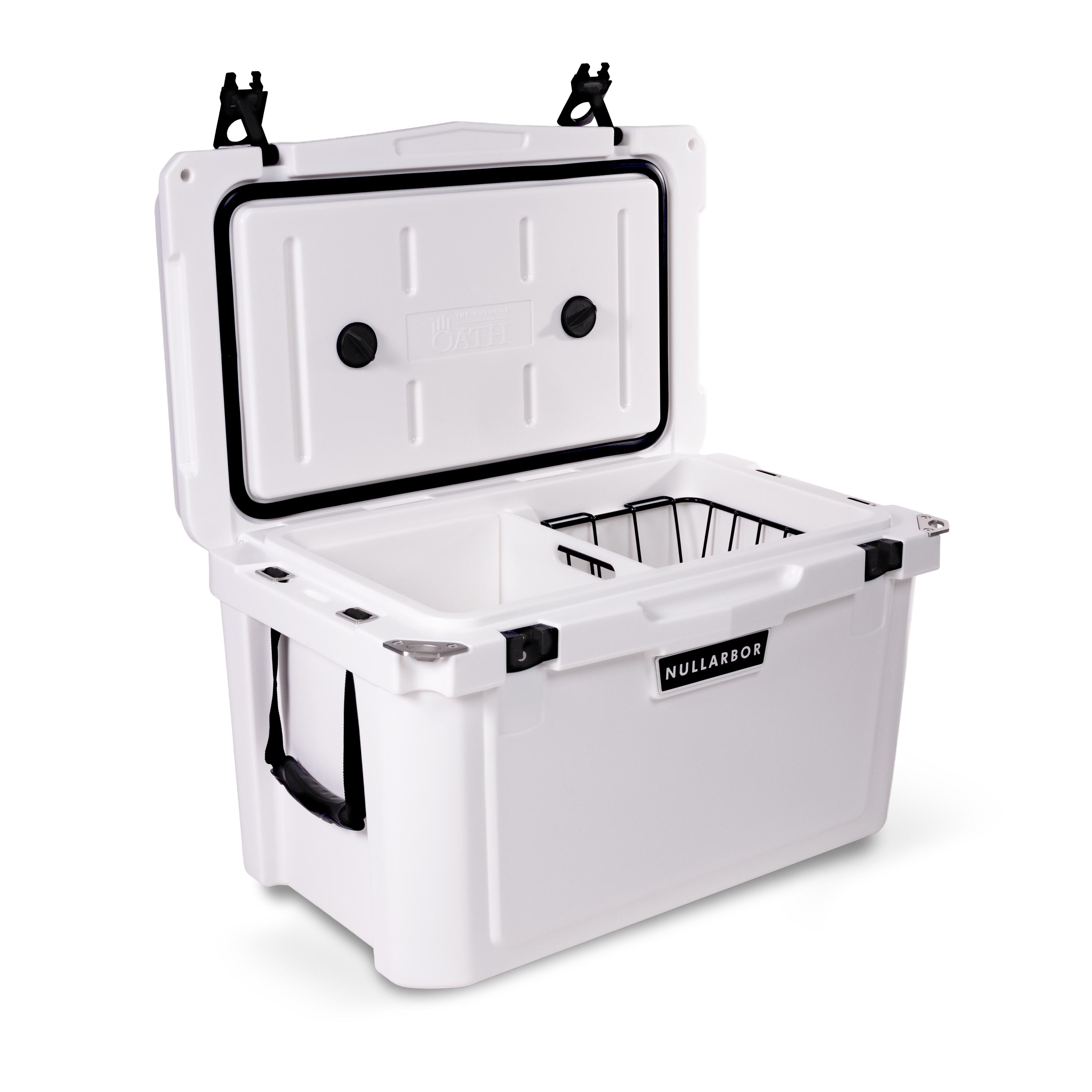 Left side 45 degree view of open medium 43 litre white cooler box with side handle, 2 easy lock latches on lid and bottle openers on each corner. Food divider / chopping board and wire food basket inside.