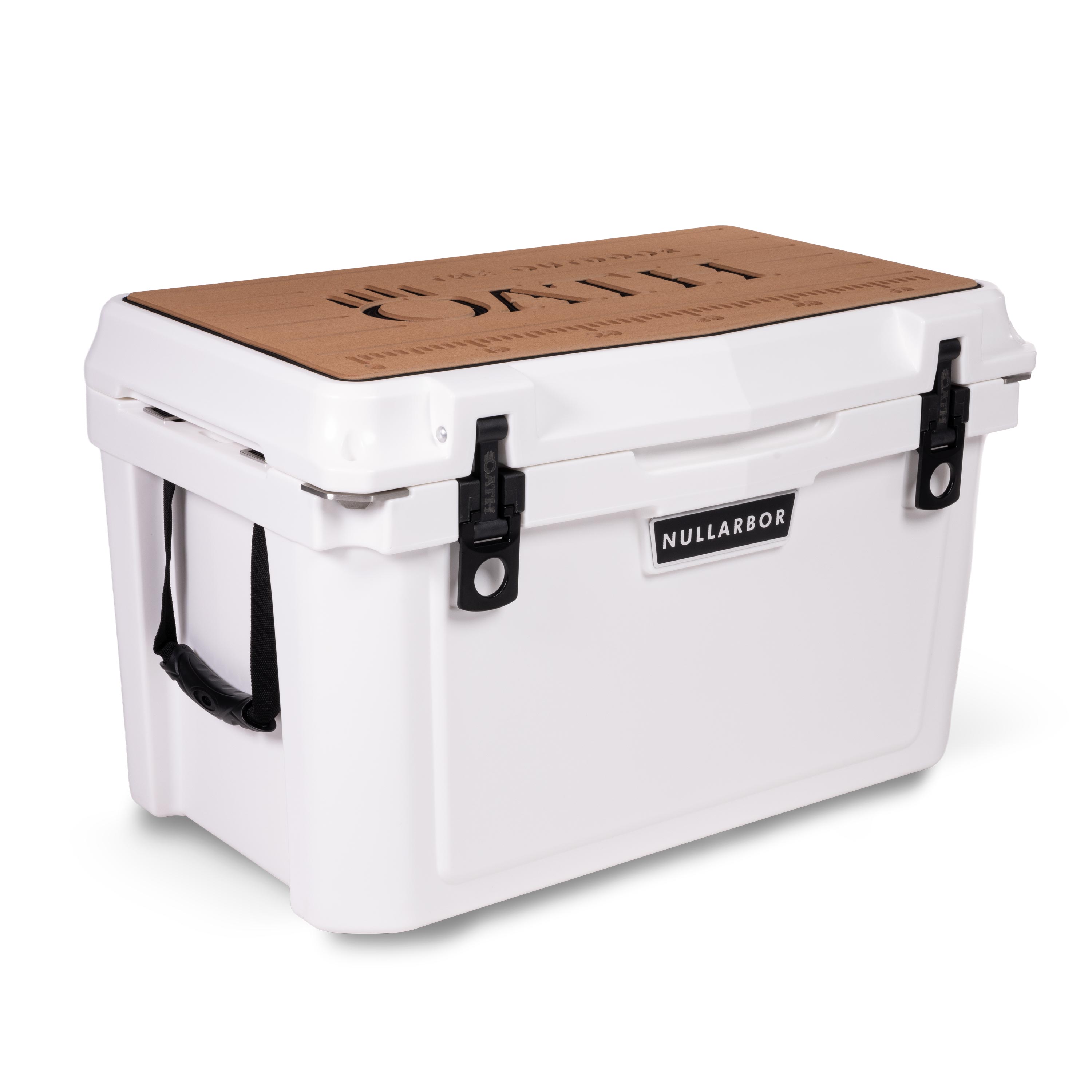 Left side 45 degree view of closed medium 43 litre white cooler box with side handle, 2 easy lock latches on front and bottle openers on each corner. Tan foam mat on lid with fish catch ruler.