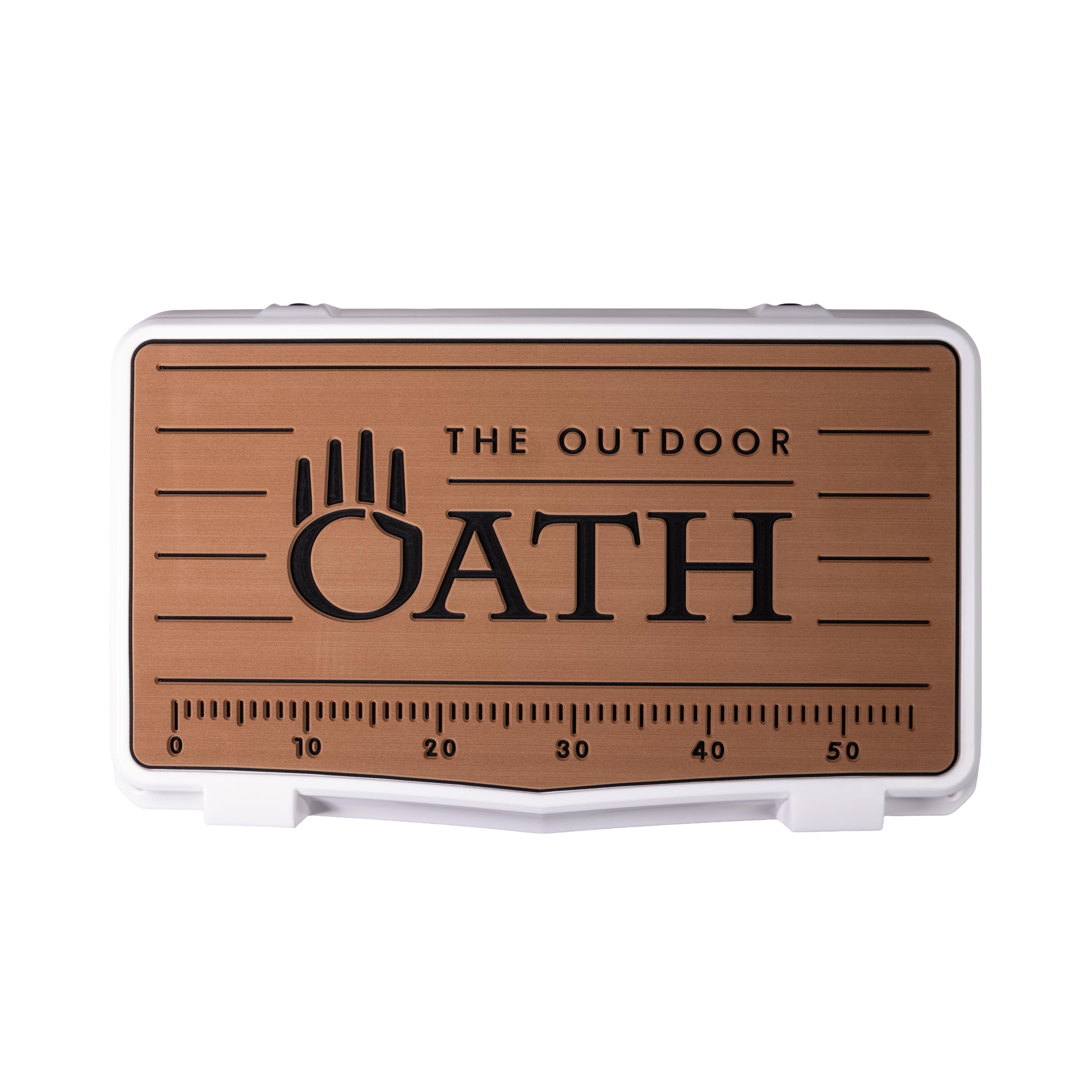 Top view of closed medium 43 litre white cooler box with tan foam mat and fish catch ruler