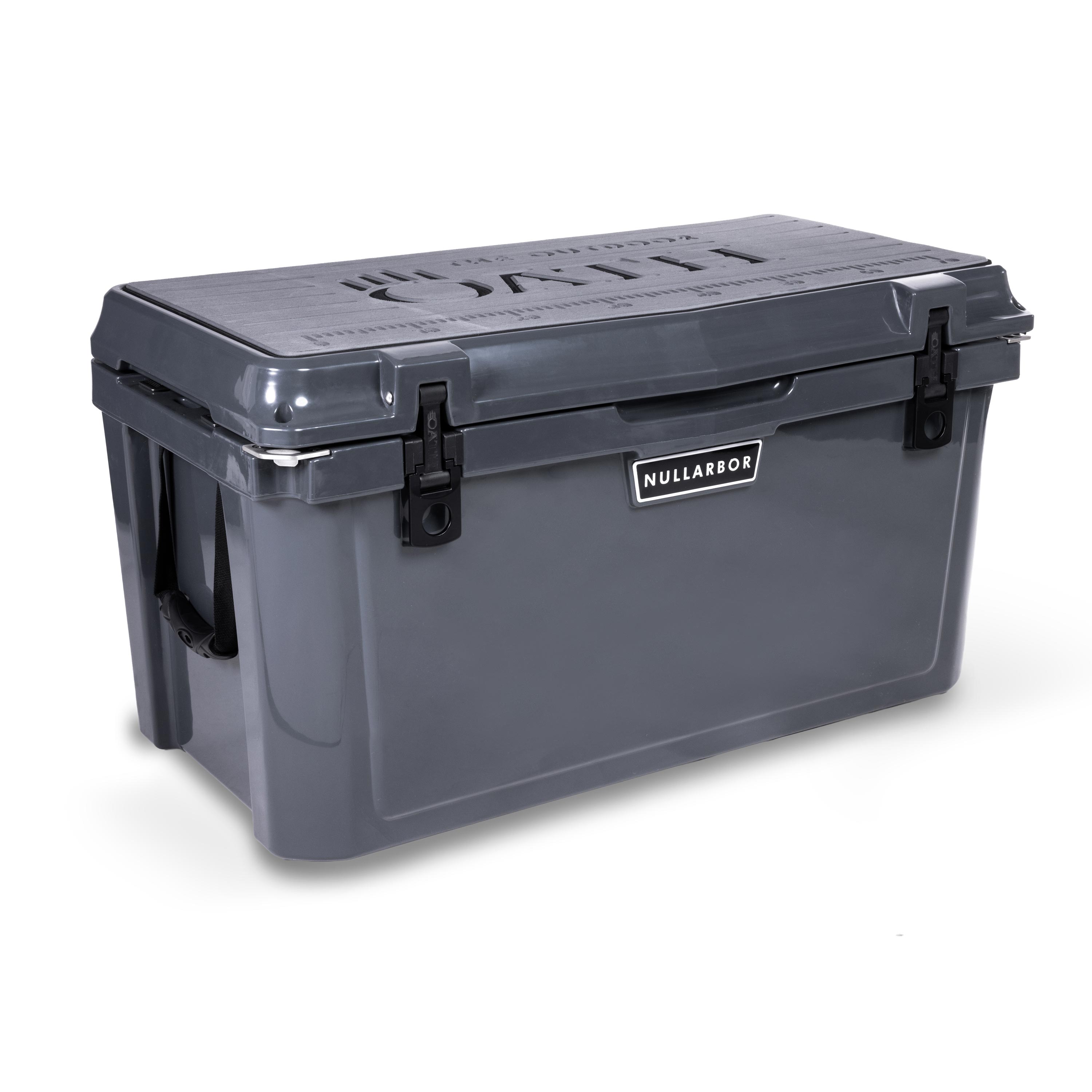Left side 45 degree view of closed large 71 litre dark grey cooler box with side handle, 2 easy lock latches on front and bottle openers on each corner. Grey foam mat on lid with fish catch ruler.