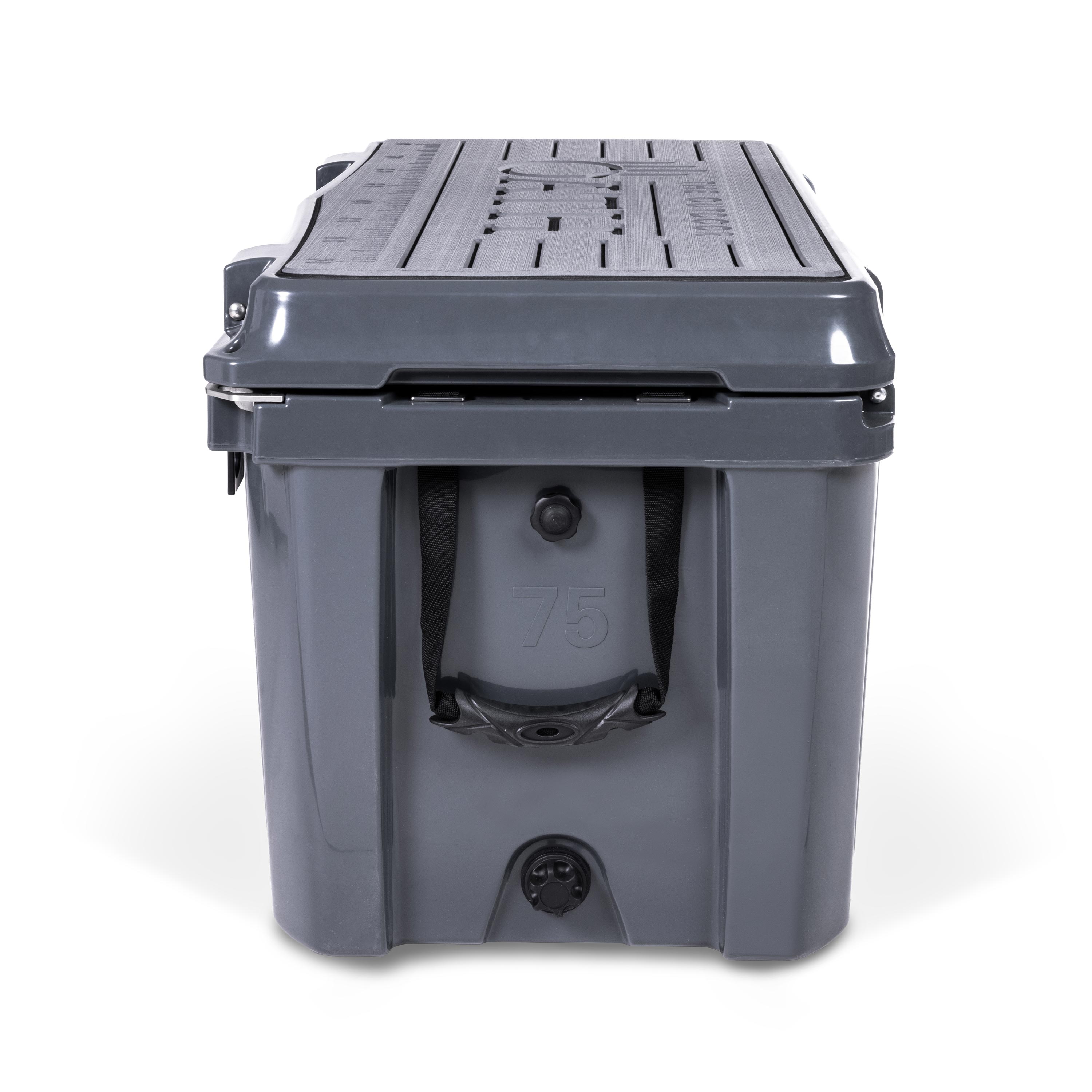 Right side view of closed large 71 litre dark grey cooler box with side handle, pressure release valve and leak proof easy flow drainage plug. Grey foam mat on lid with fish catch ruler.