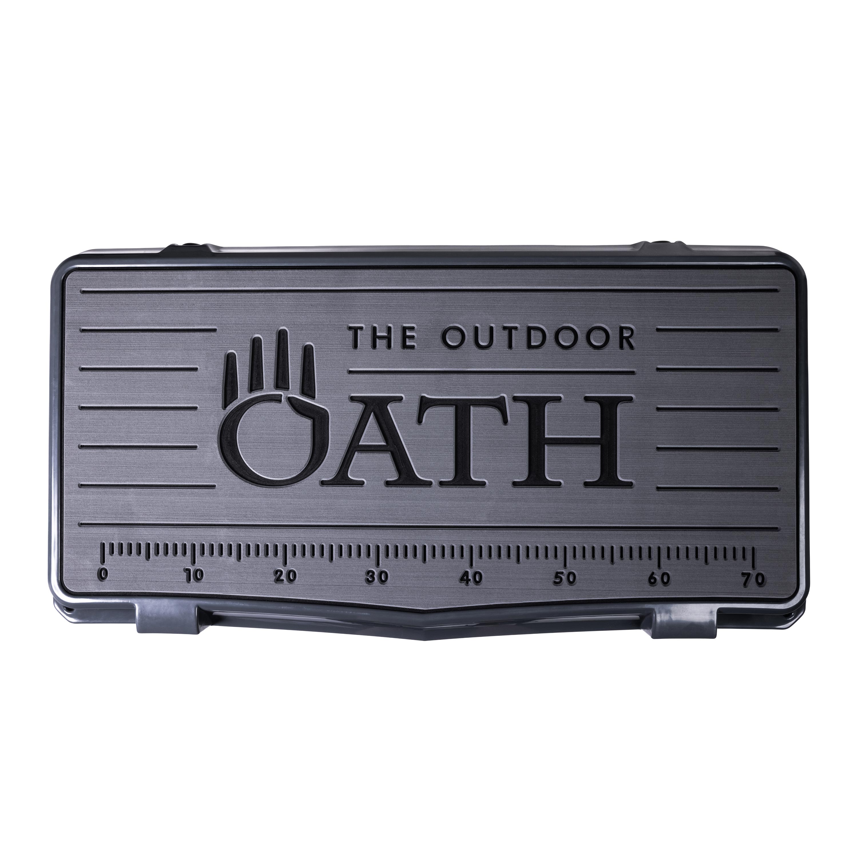 Top view of closed large 71 litre dark grey cooler box with grey foam mat and fish catch ruler