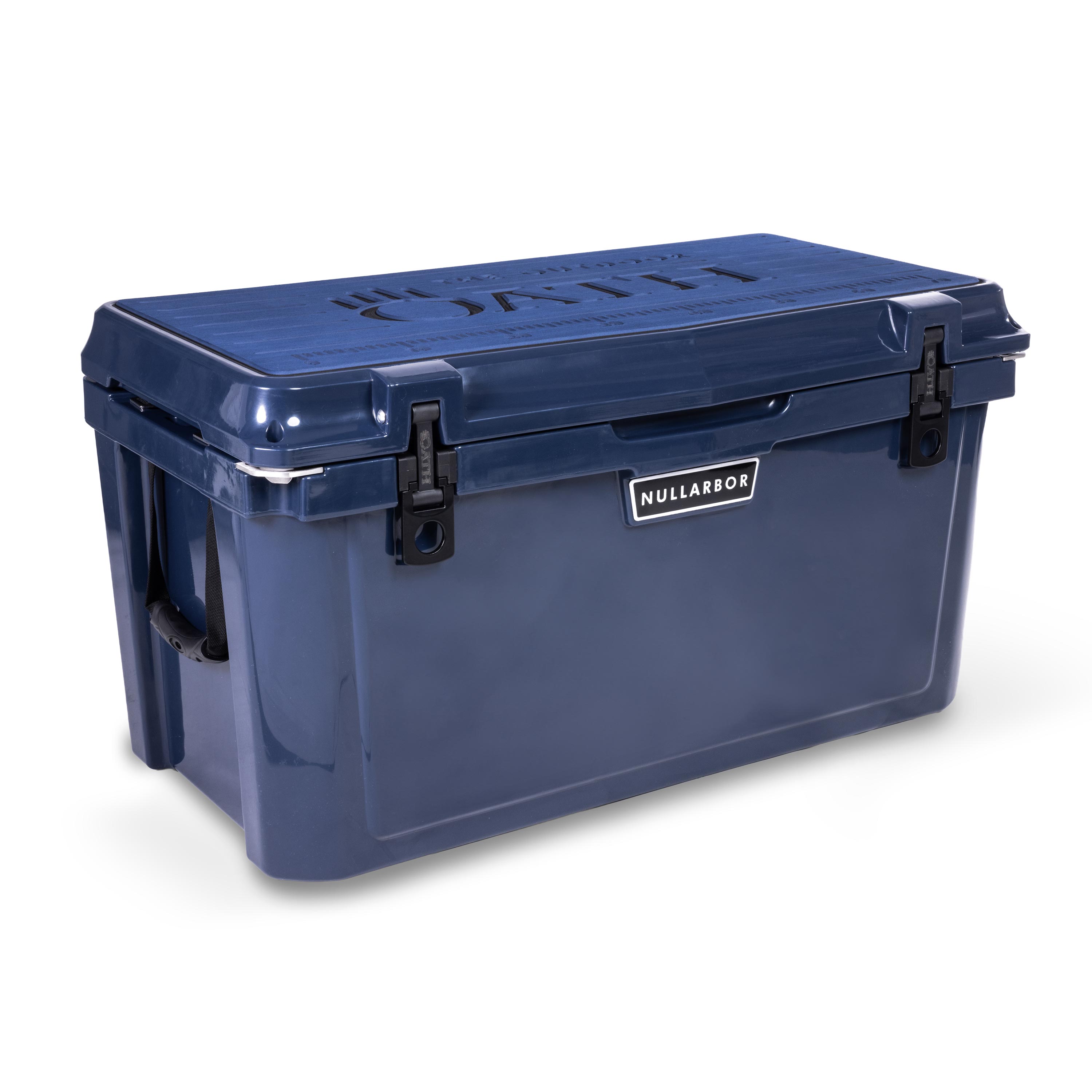Left side 45 degree view of closed 71 litre large blue cooler box with side handle, 2 easy lock latches on front and bottle openers on each corner. Blue foam mat on lid with fish catch ruler.