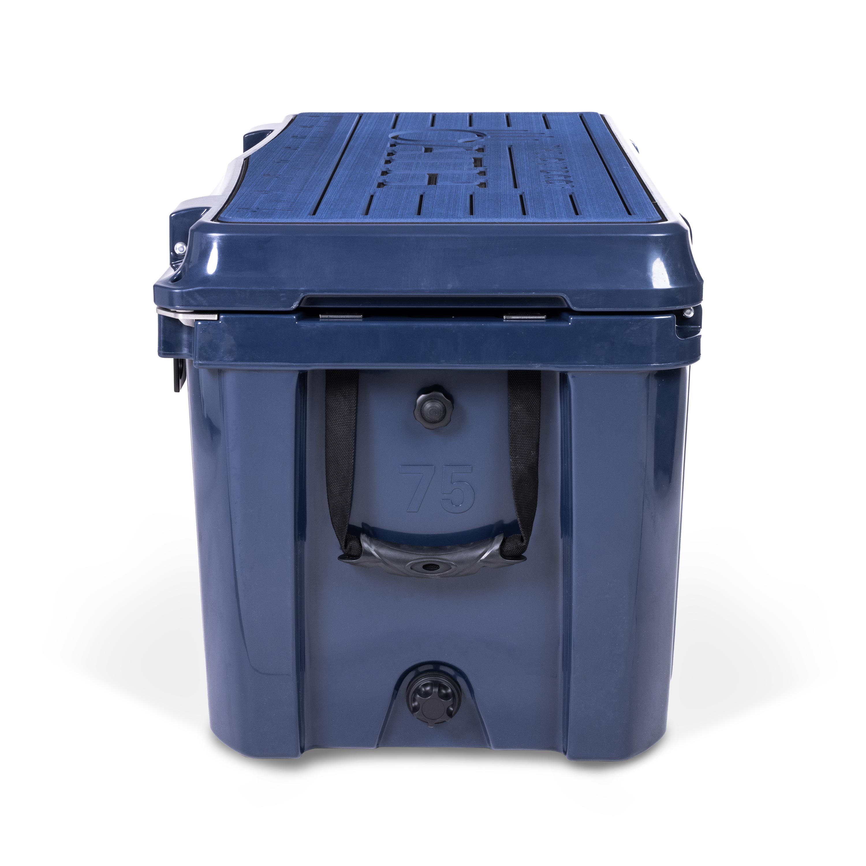 Right side view of closed large 71 litre blue cooler box with side handle, pressure release valve and leak proof easy flow drainage plug. Blue foam mat on lid with fish catch ruler.