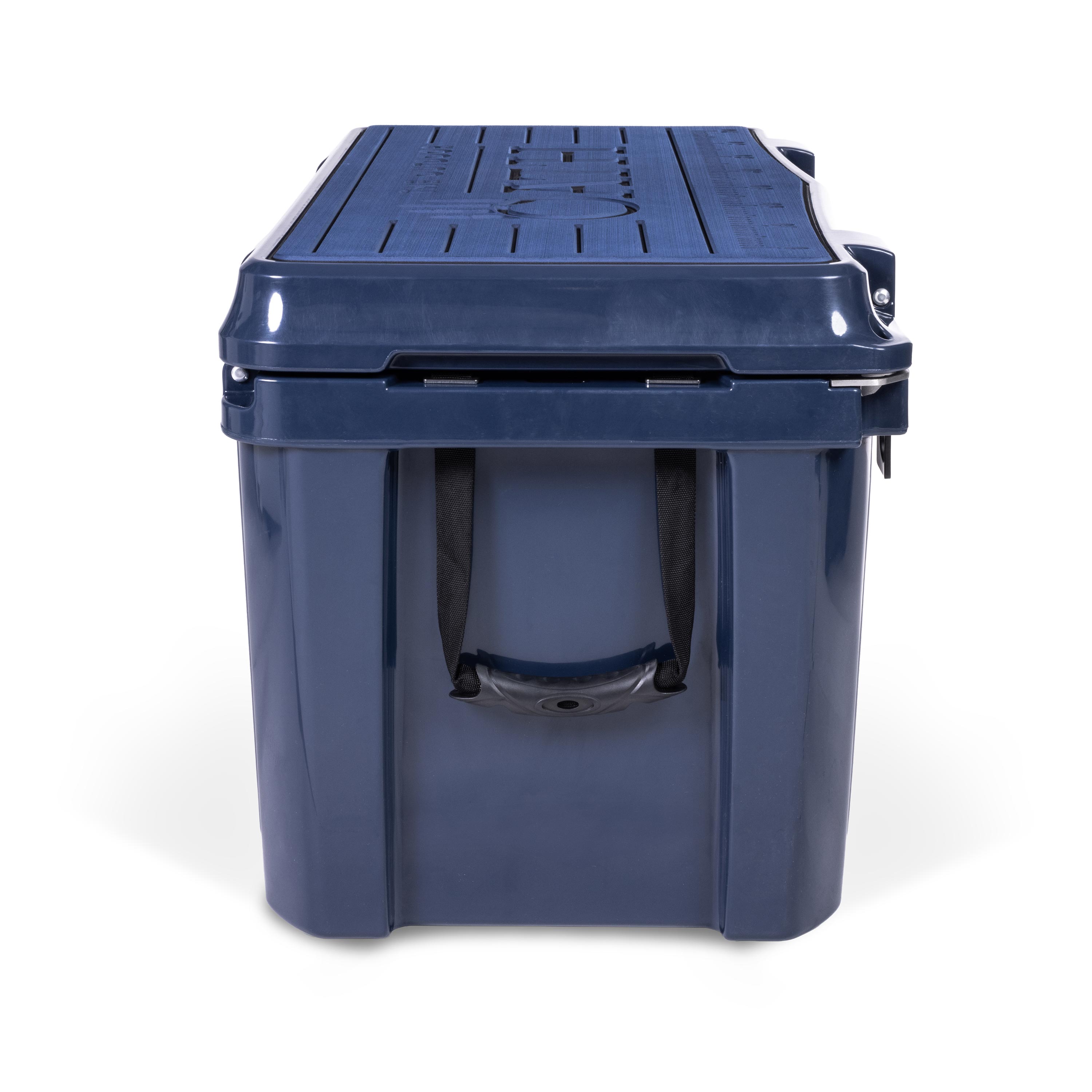 Left side view of closed 71 litre large blue cooler box with side handle. Blue foam mat on lid with fish catch ruler.