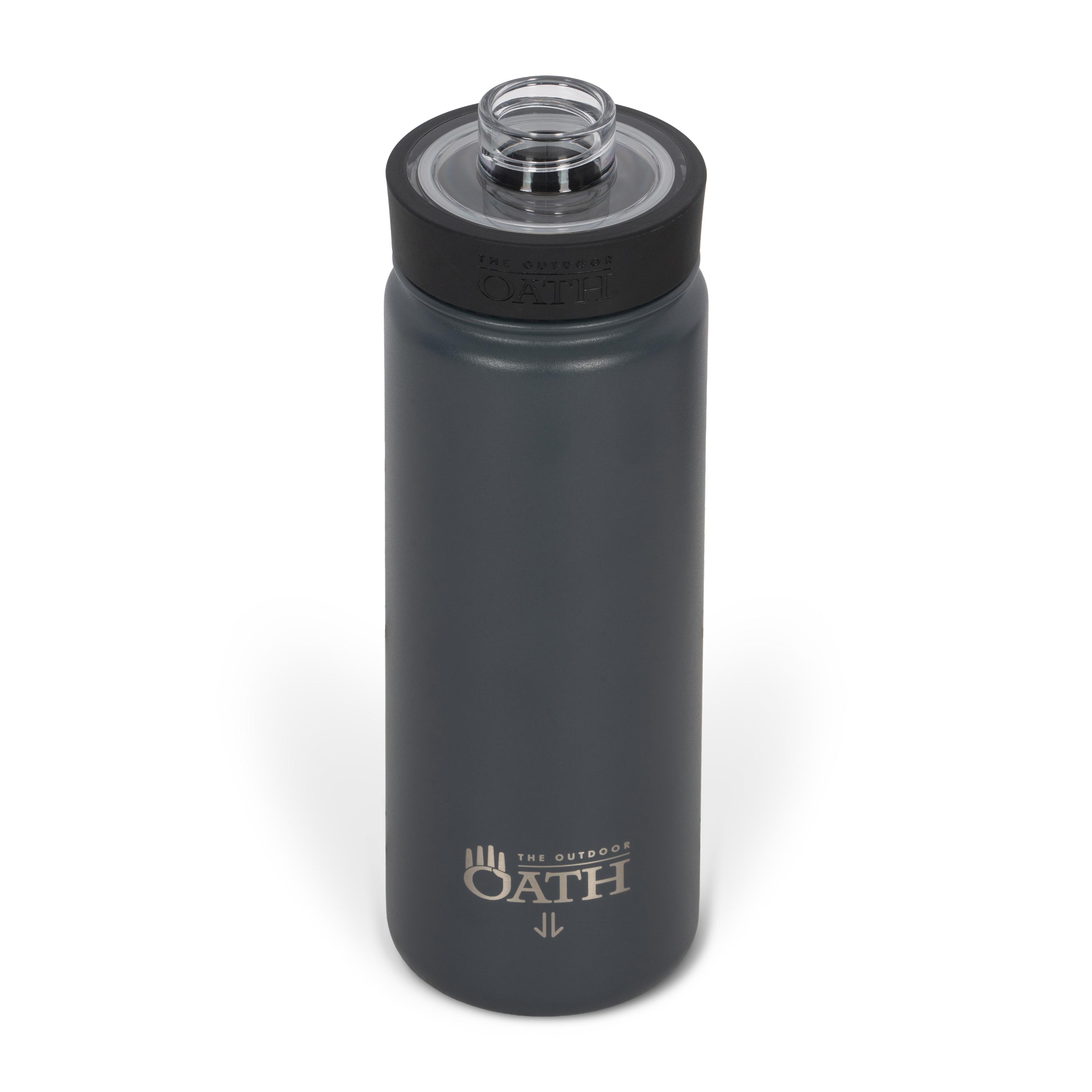 Front view from above of dark grey 530ml stainless steel drink bottle with open clear lid and silver etched outdoor oath logo and kangaroo paw icon on side.