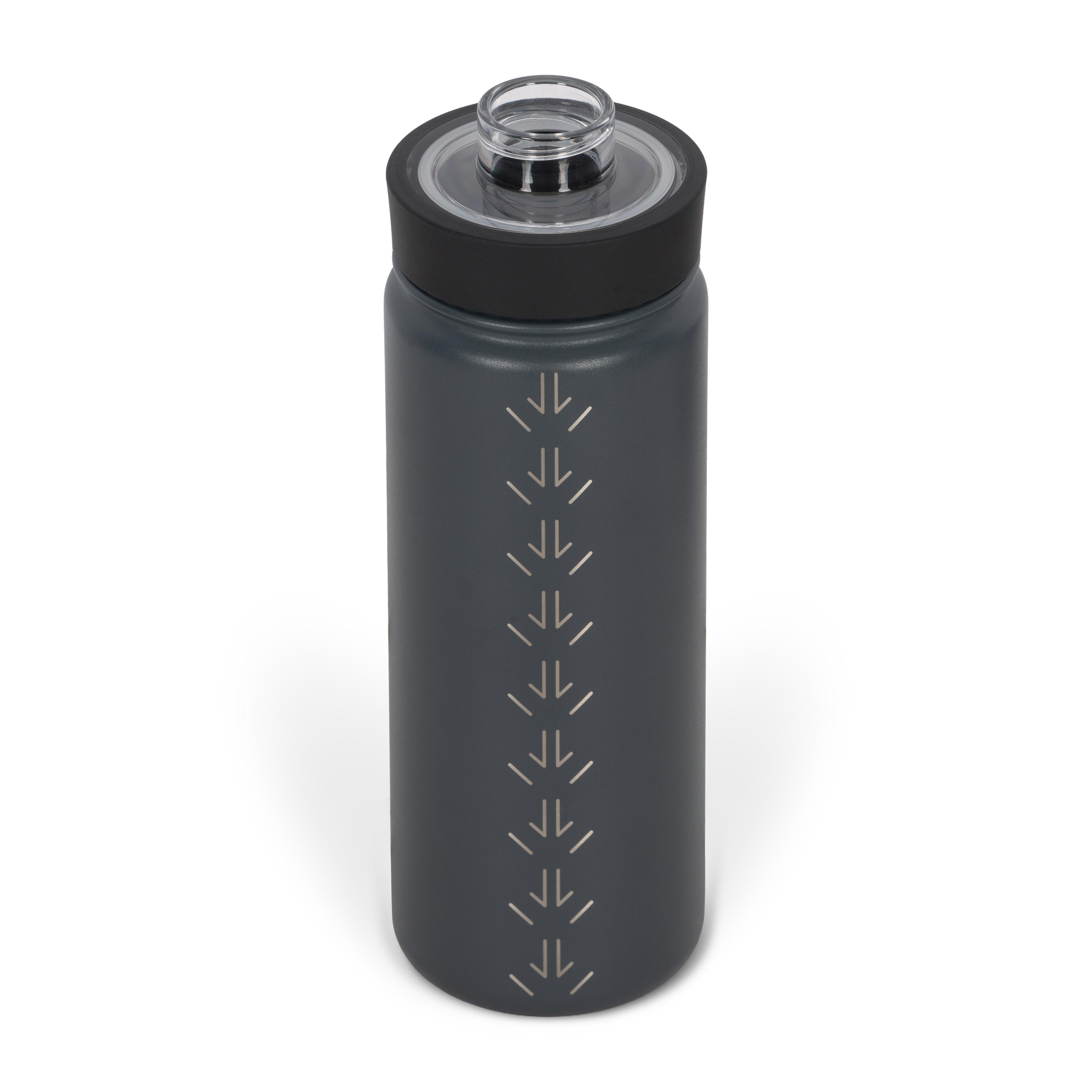 Rear view from above of dark grey 530ml stainless steel drink bottle with open clear lid and silver etched kangaroo paw track pattern on side.