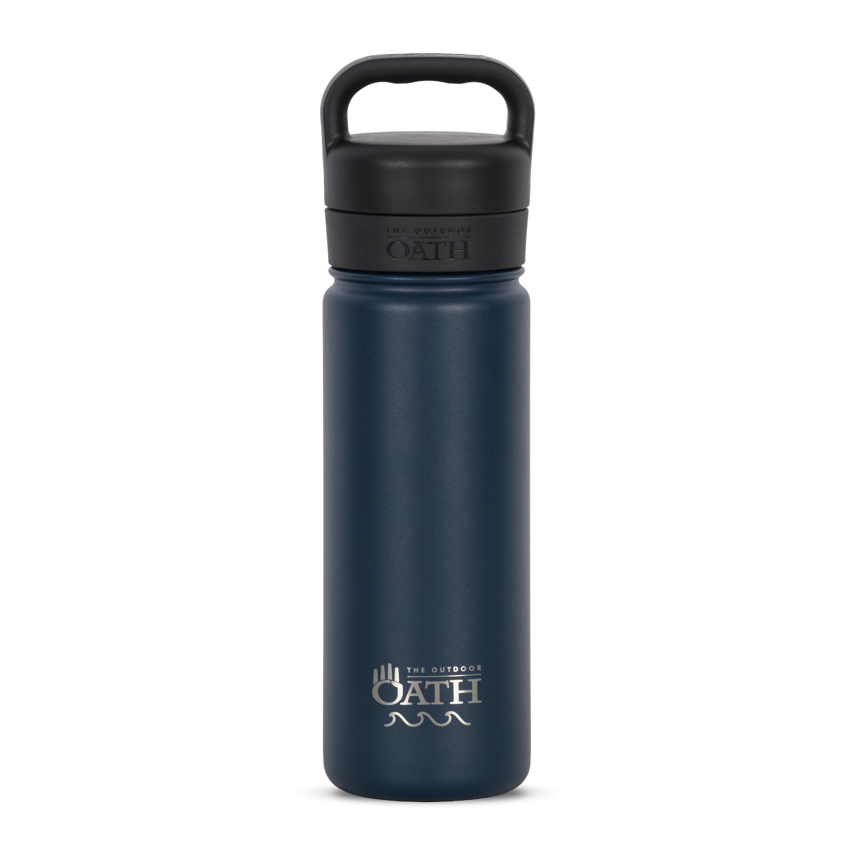 Front view of blue 530ml stainless steel drink bottle with closed lid and handle. Silver etched outdoor oath logo and wave icon on side.