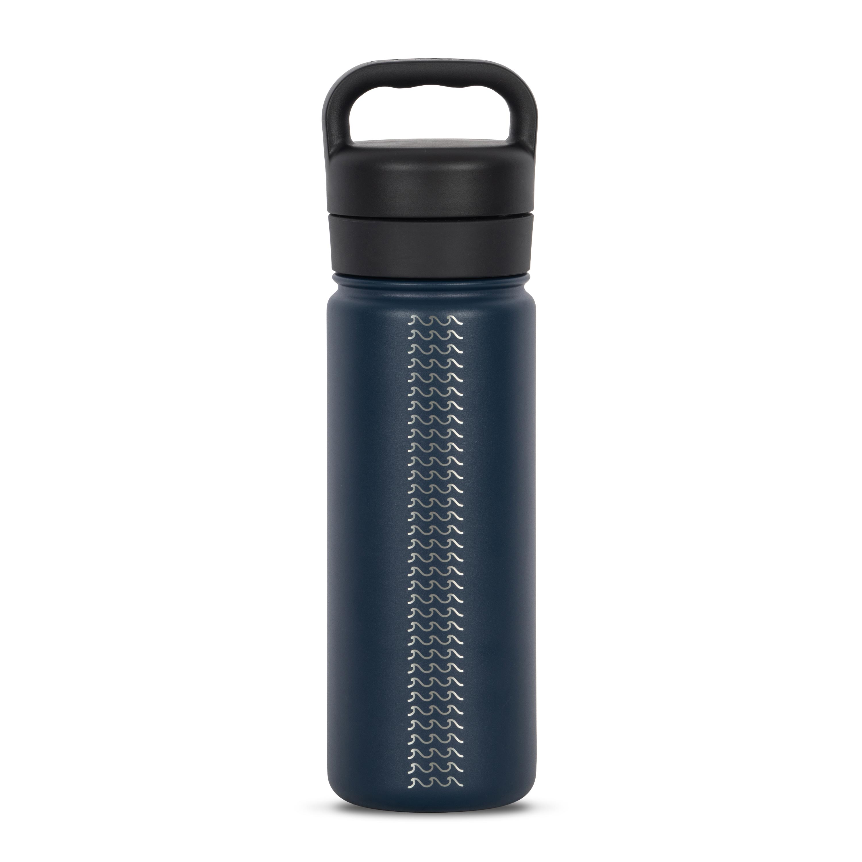 Rear view of blue 530ml stainless steel drink bottle with closed lid and handle. Silver etched wave pattern on side.