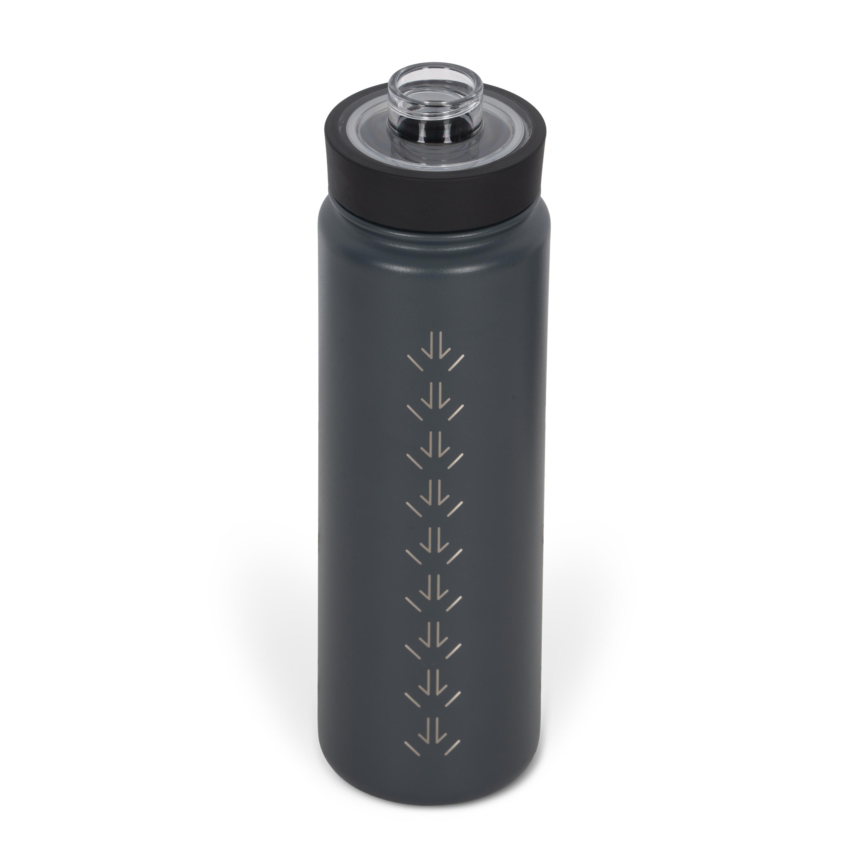Rear view from above of dark grey 700ml stainless steel drink bottle with open clear lid and silver etched kangaroo paw track pattern on side.
