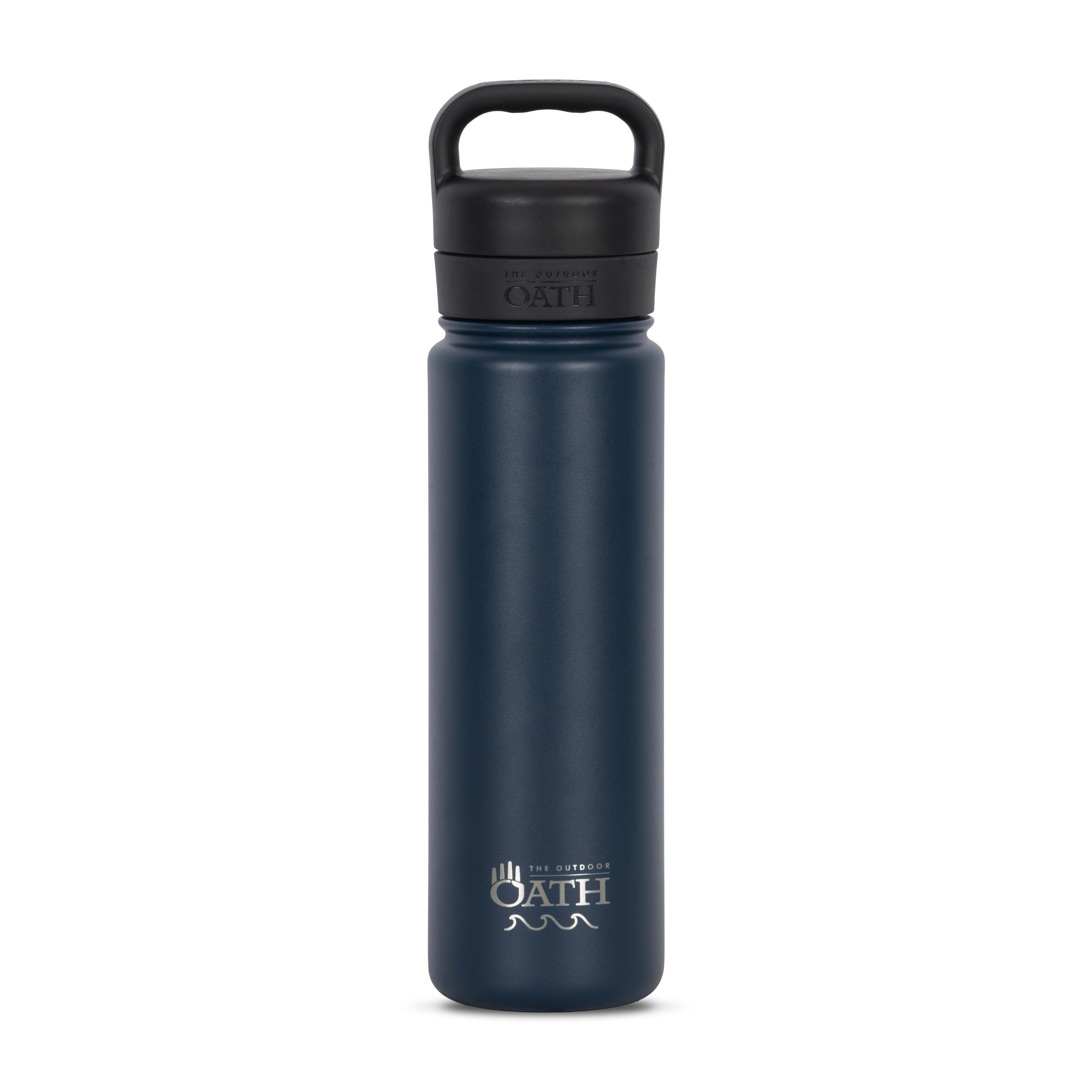 Front view of blue 700ml stainless steel drink bottle with closed lid and handle. Silver etched outdoor oath logo and wave icon on side.