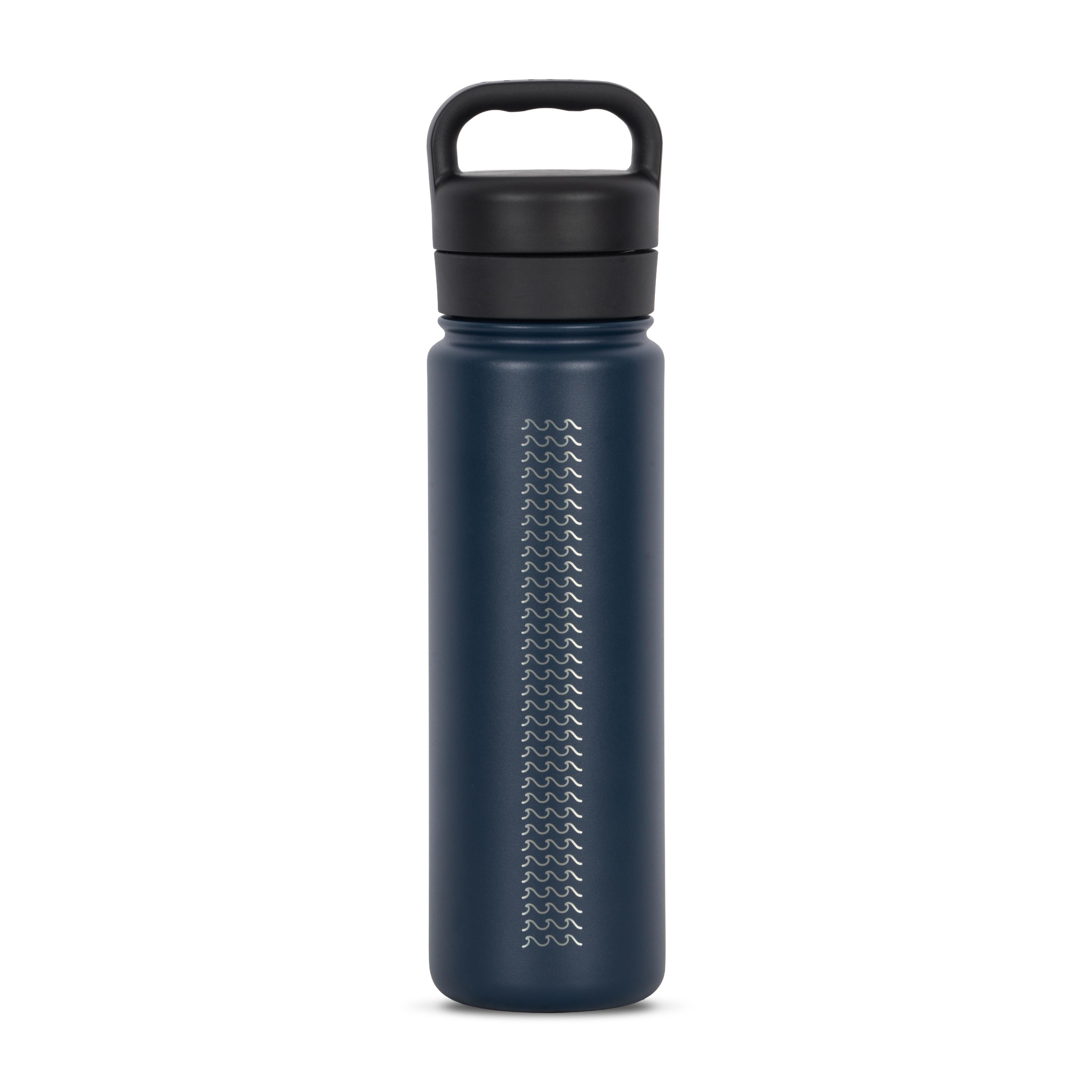 Rear view of blue 700ml stainless steel drink bottle with closed lid and handle. Silver etched wave pattern on side.