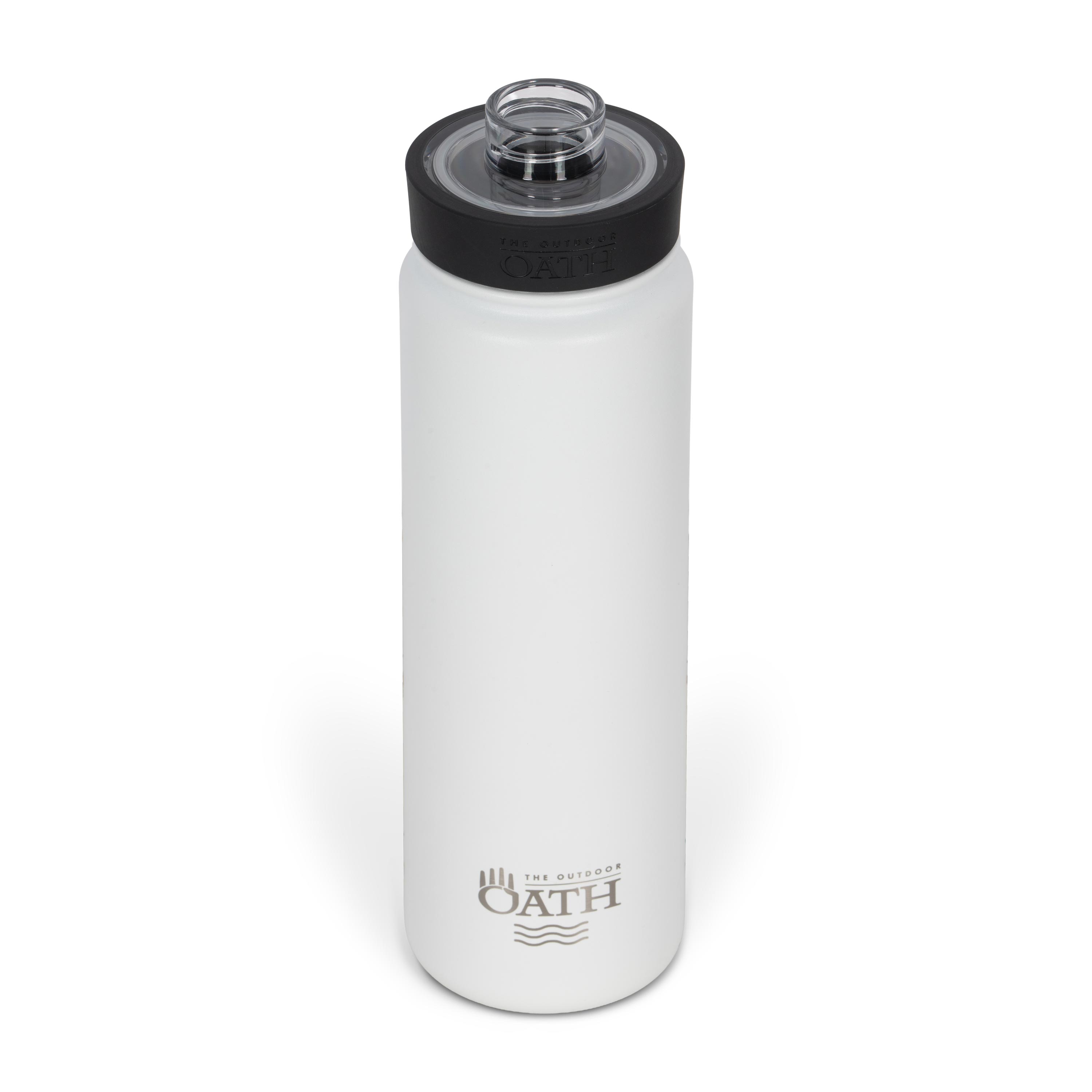Front view from above of white 700ml stainless steel drink bottle with open clear lid and silver etched outdoor oath logo and wave icon on side.