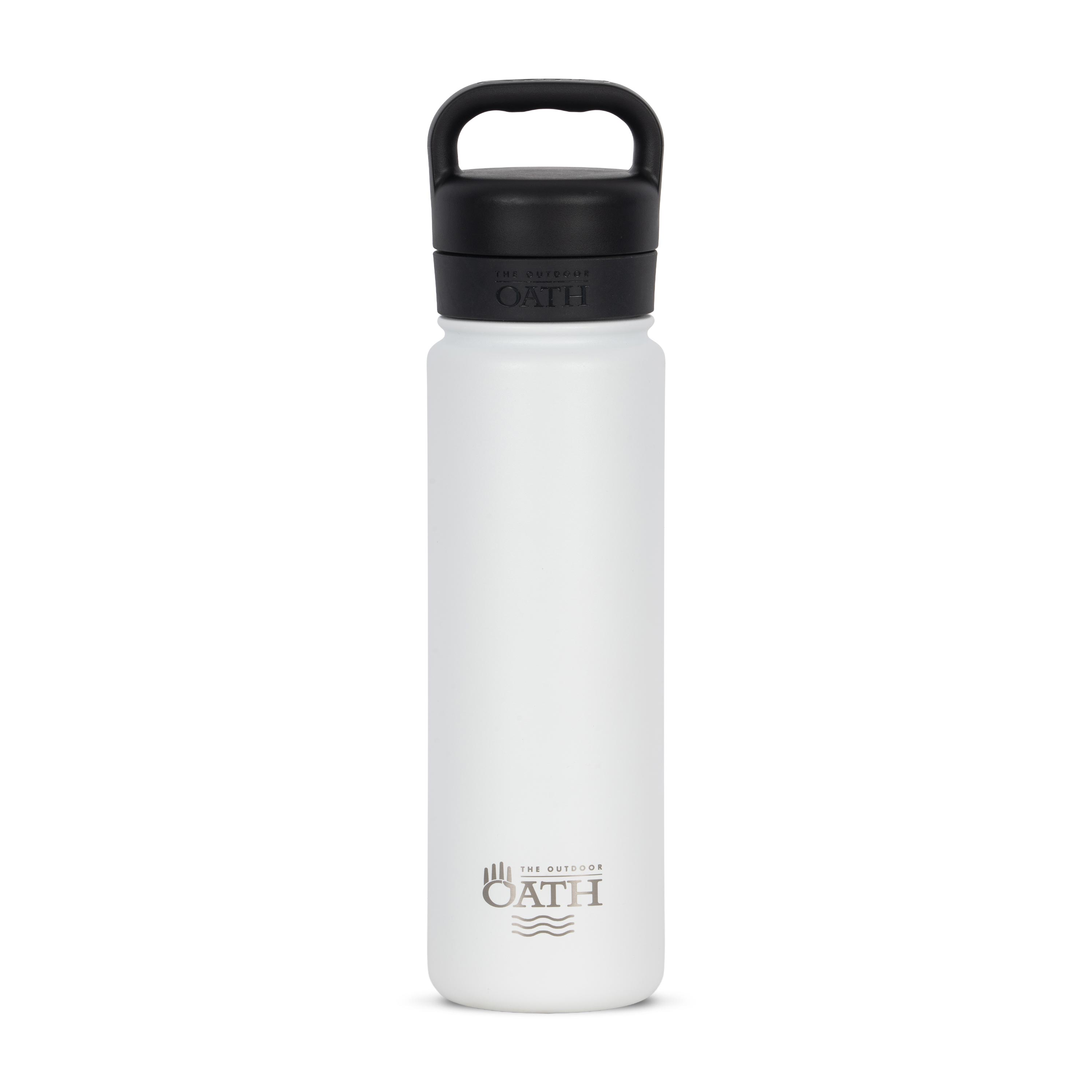 Front view of white 700ml stainless steel drink bottle with closed lid and handle. Silver etched outdoor oath logo and wave icon on side.