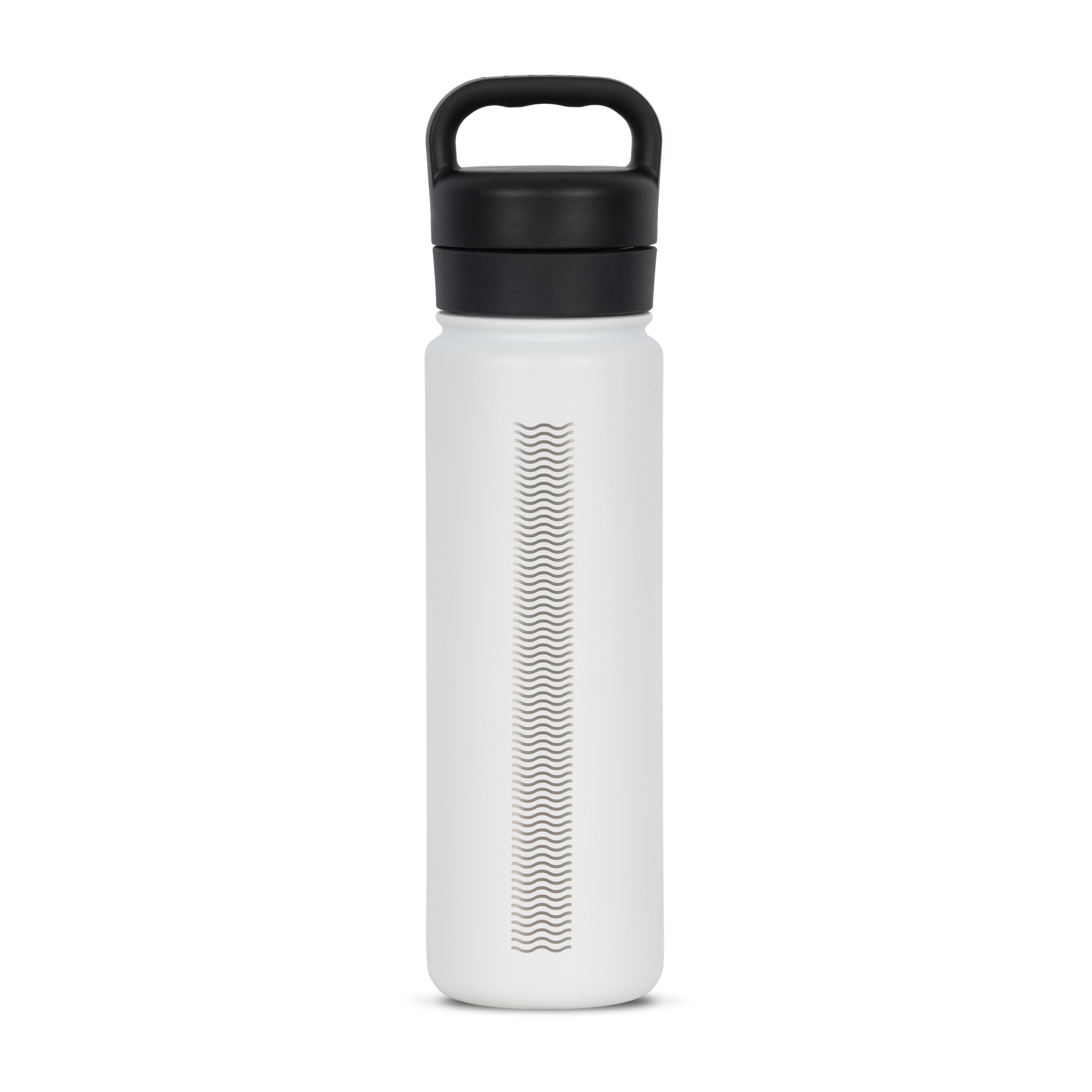 Rear view of white 700ml stainless steel drink bottle with closed lid and handle. Silver etched wave pattern on side.