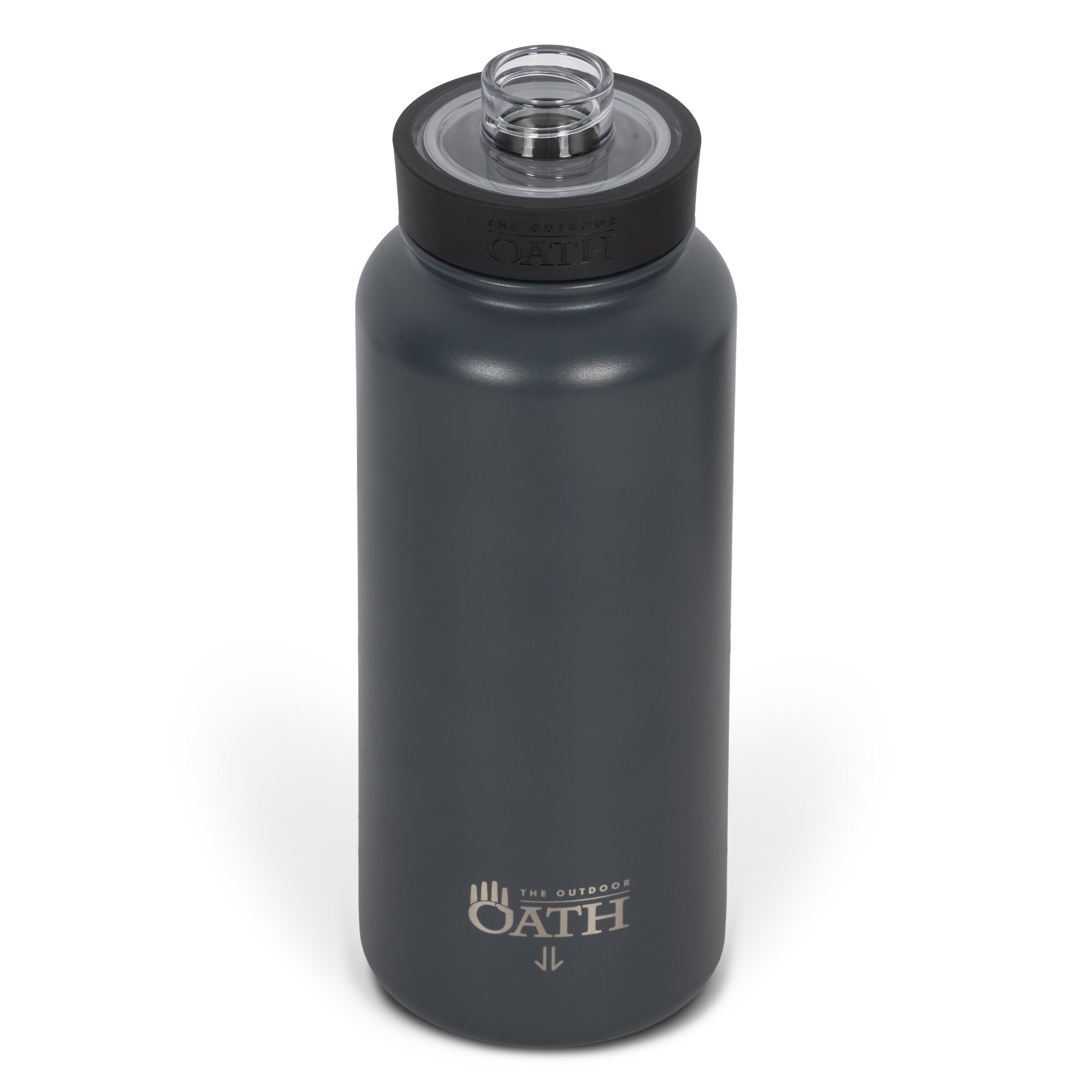 Front view from above of dark grey 960ml stainless steel drink bottle with open clear lid and silver etched outdoor oath logo and kangaroo paw icon on side.
