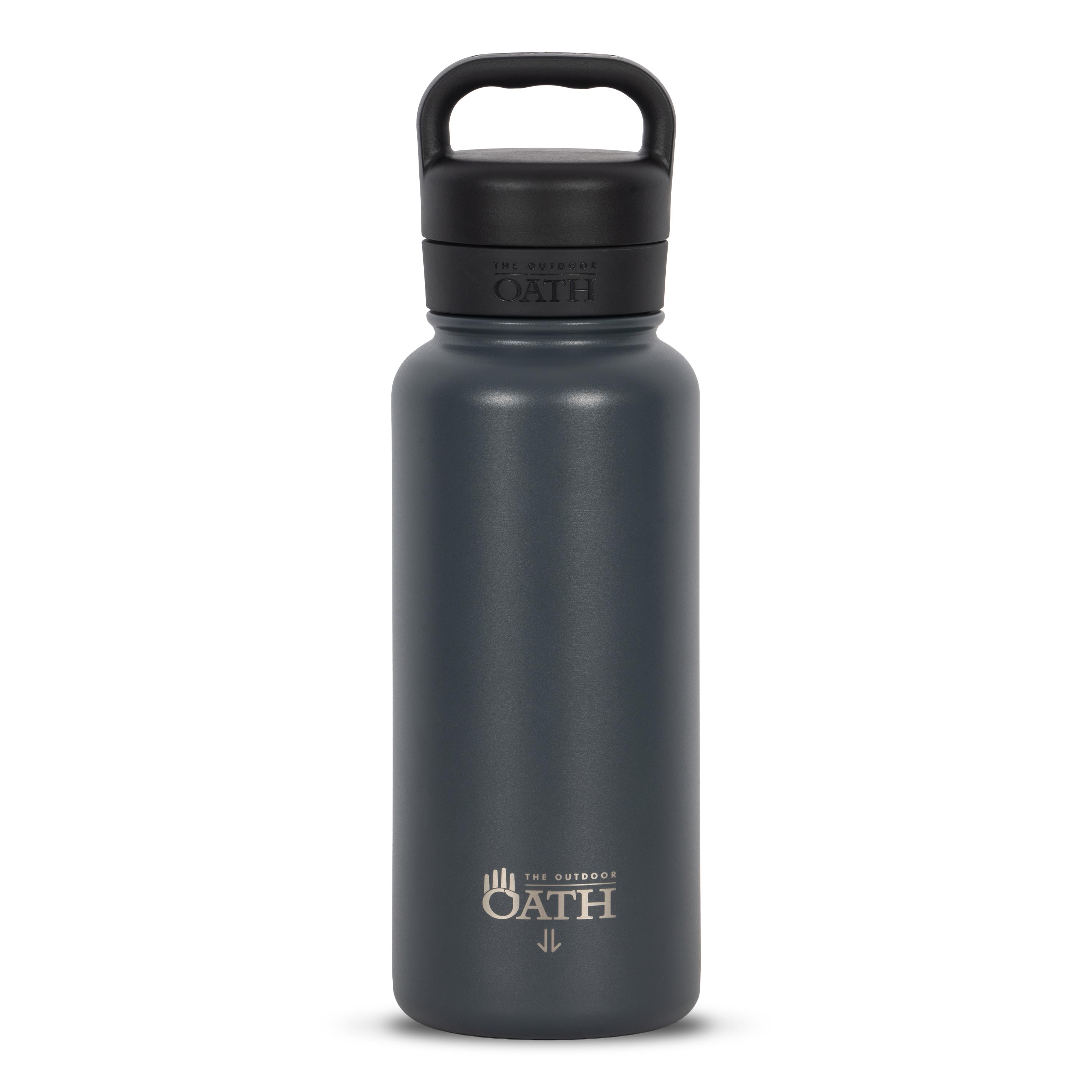 Front view of dark grey 960ml stainless steel drink bottle with closed lid and handle. Silver etched outdoor oath logo and kangaroo paw icon on side.