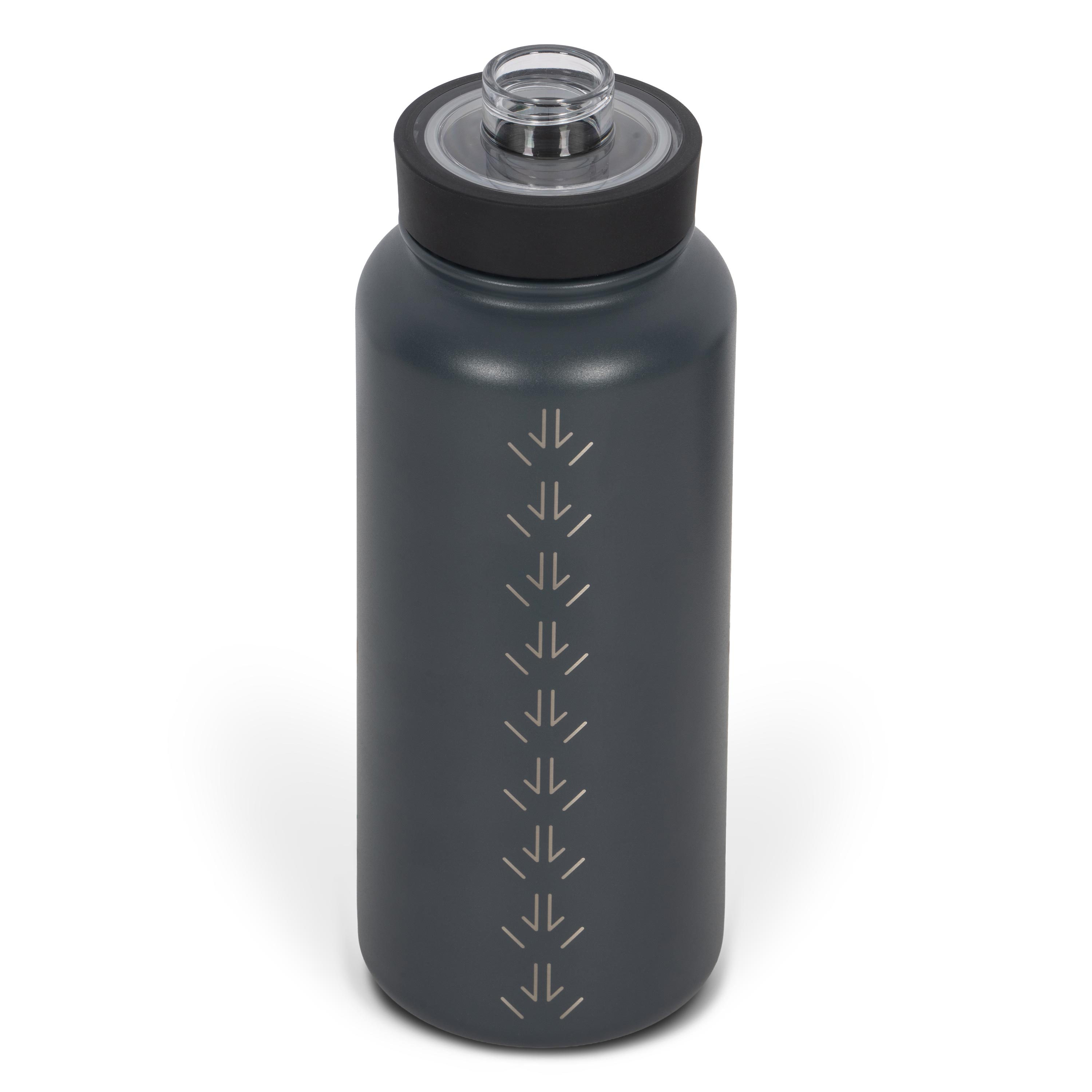 Rear view from above of dark grey 960ml stainless steel drink bottle with open clear lid and silver etched kangaroo paw track pattern on side.