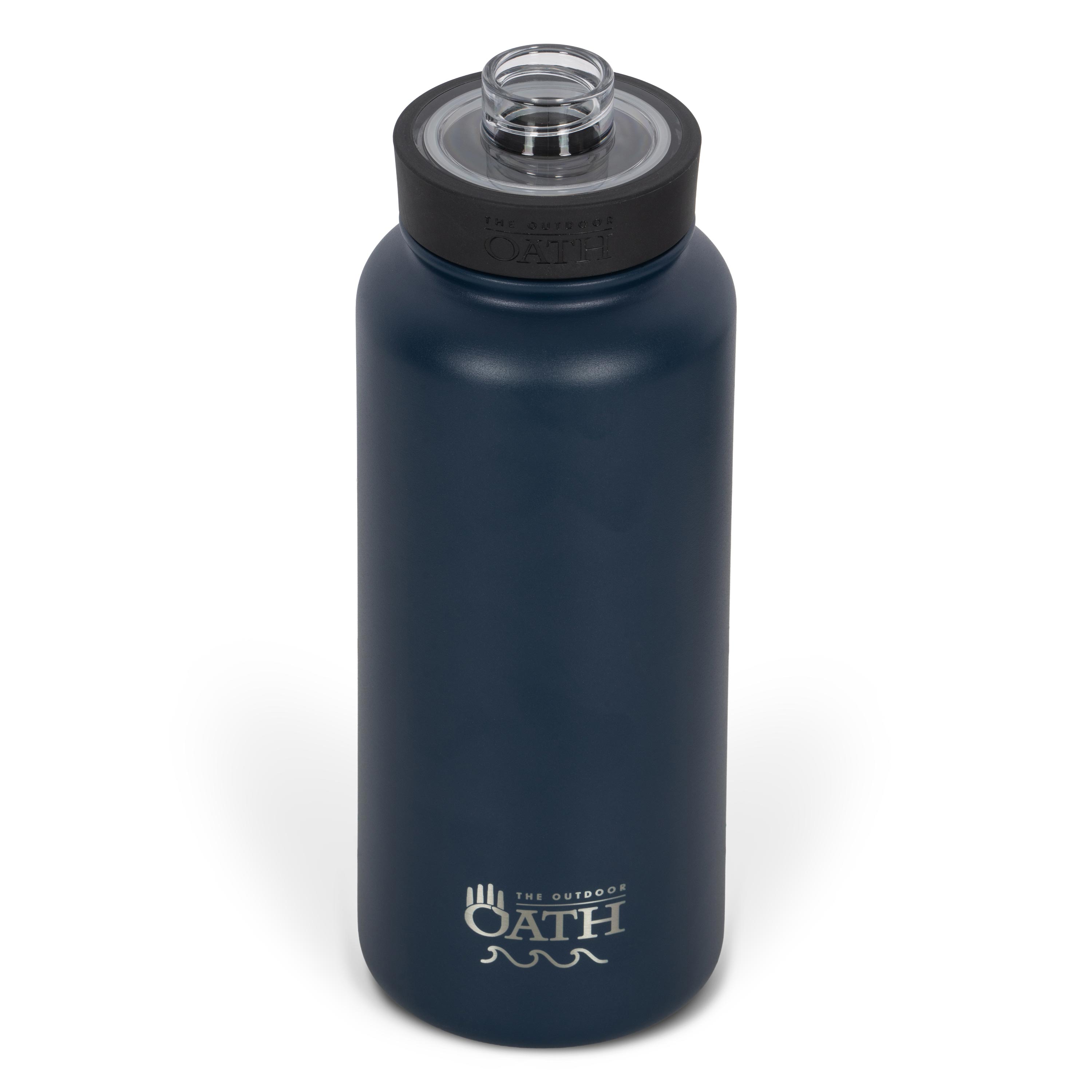 Front view from above of blue 960ml stainless steel drink bottle with open clear lid and silver etched outdoor oath logo and wave icon on side.