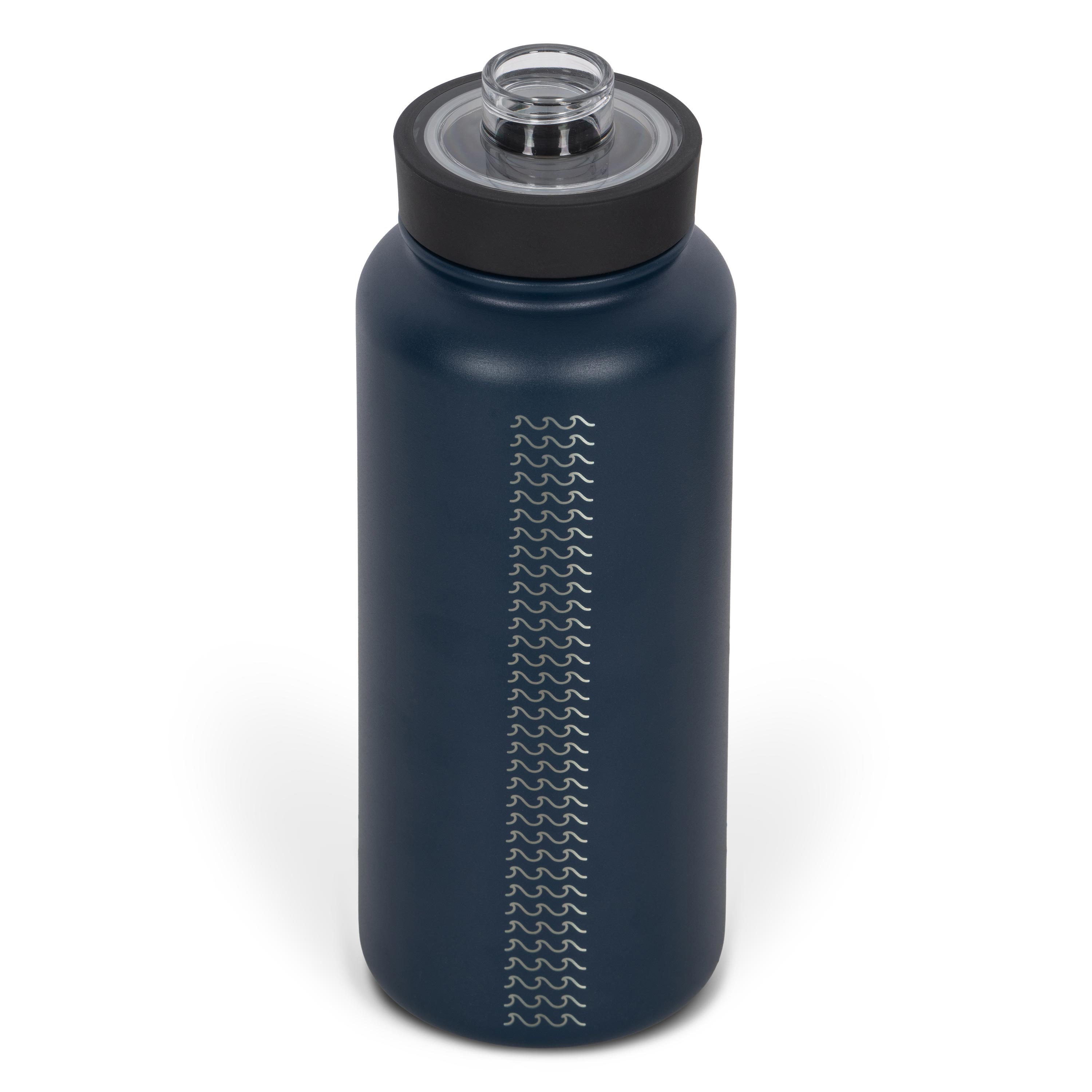 Rear view from above of blue 960ml stainless steel drink bottle with open clear lid and silver etched wave pattern on side.