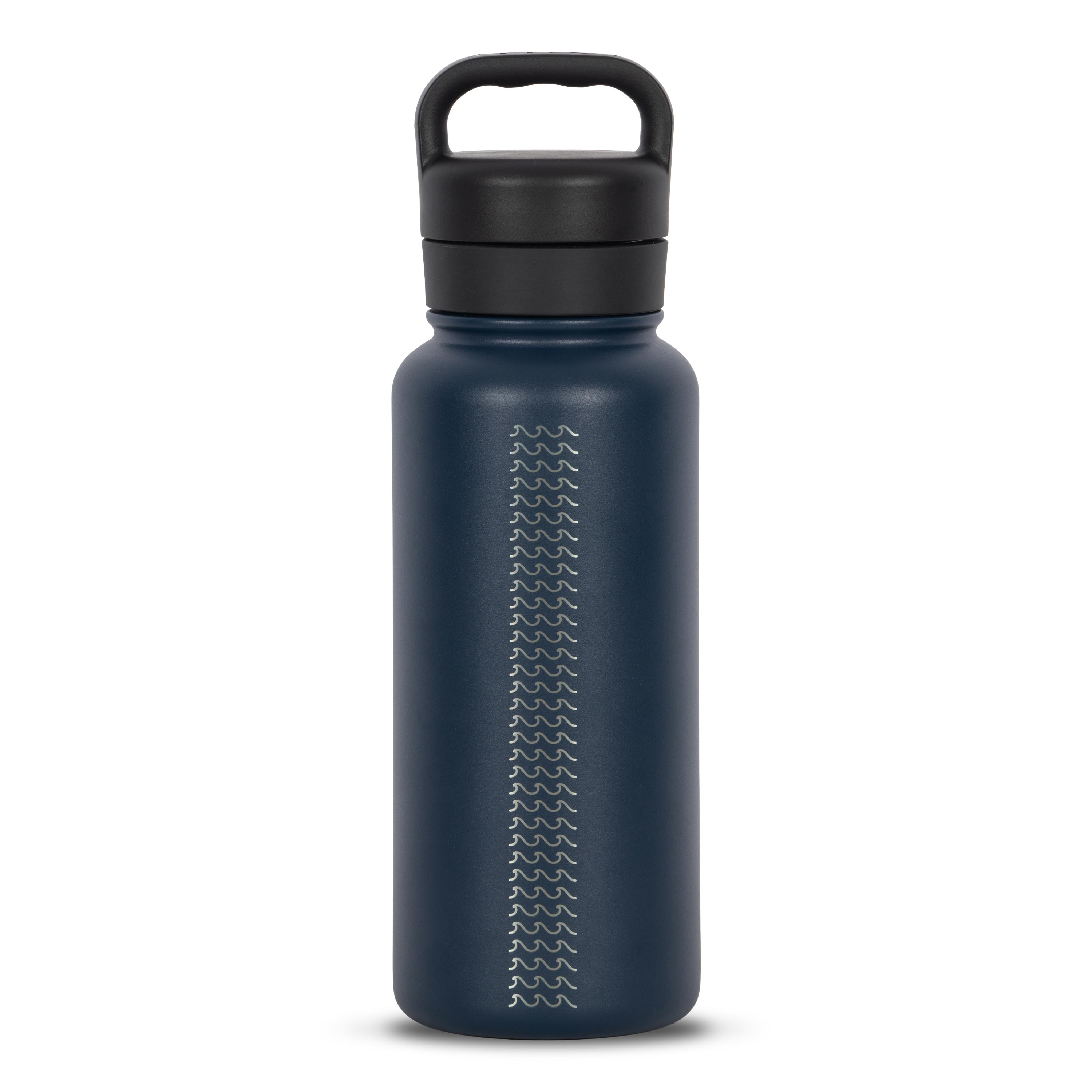Rear view of blue 960ml stainless steel drink bottle with closed lid and handle. Silver etched wave pattern on side.
