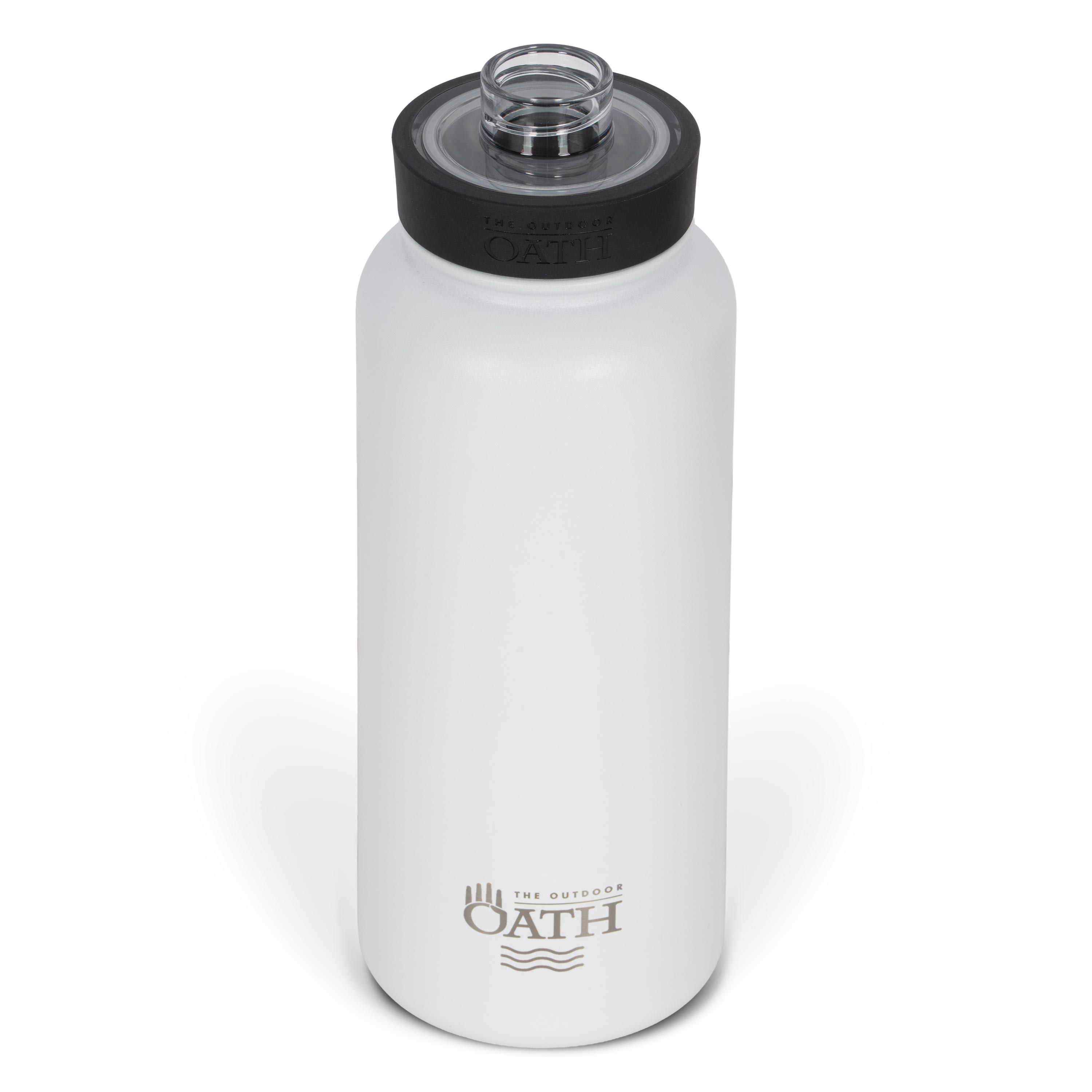 Front view from above of white 960ml stainless steel drink bottle with open clear lid and silver etched outdoor oath logo and wave icon on side.