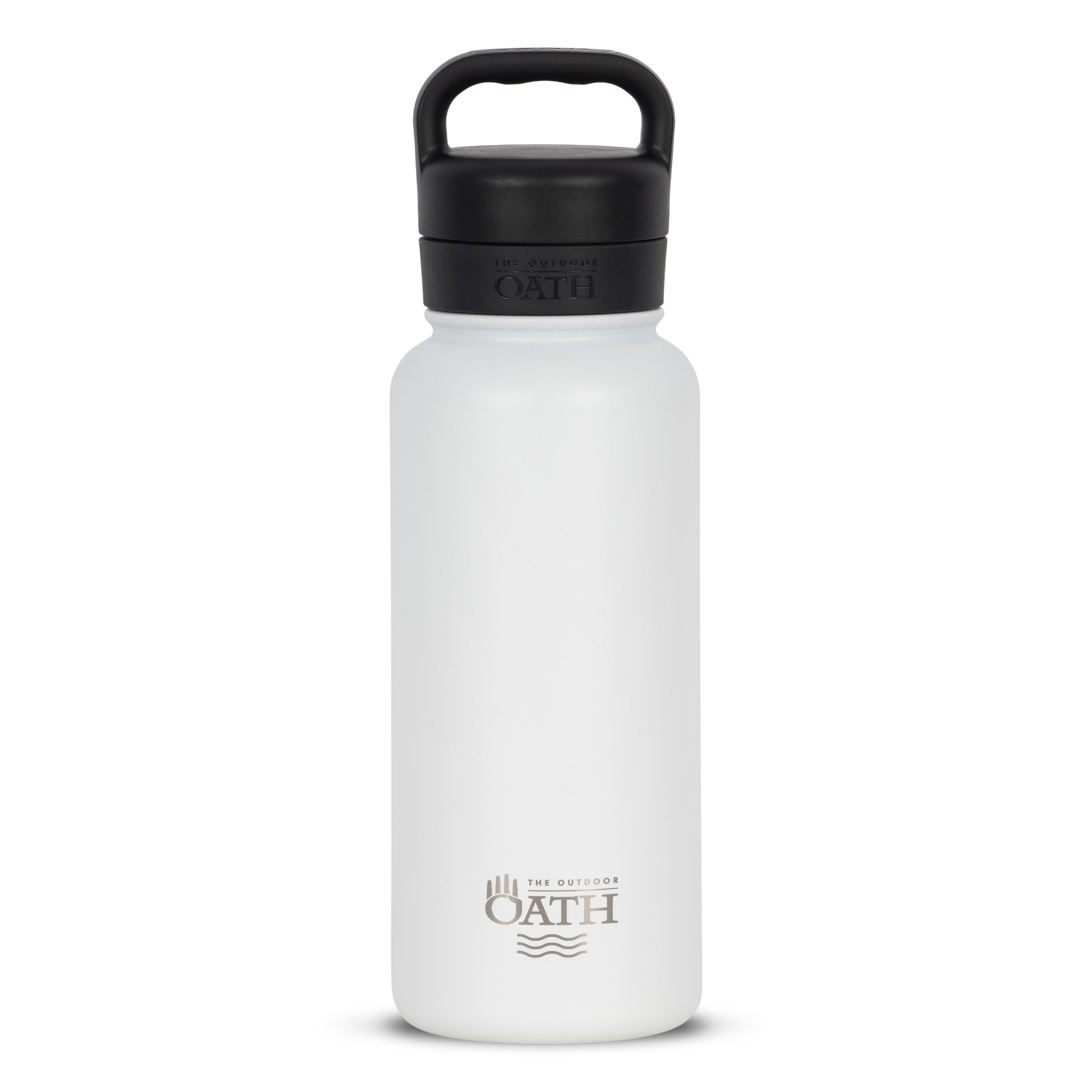 Front view of white 960ml stainless steel drink bottle with closed lid and handle. Silver etched outdoor oath logo and wave icon on side.