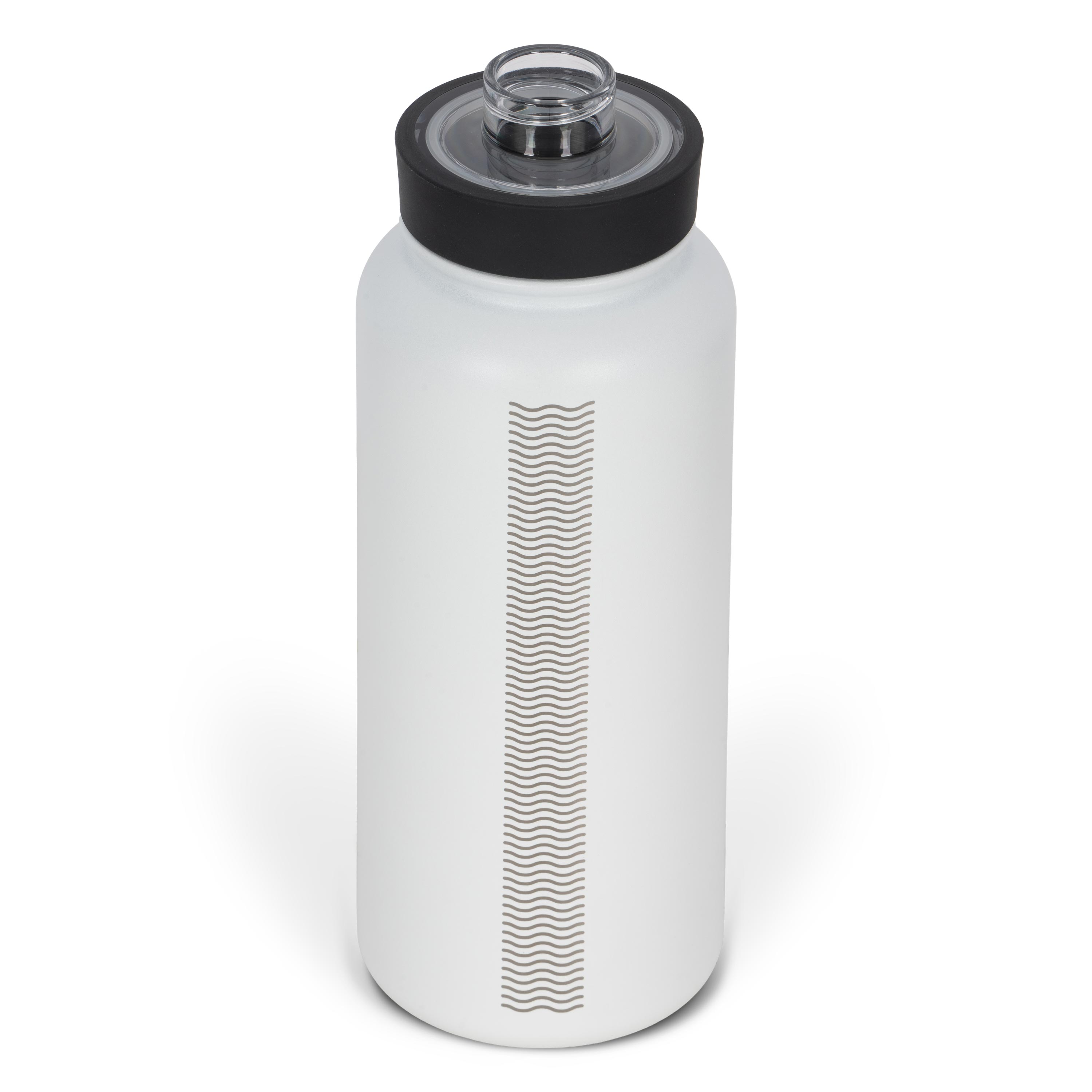Rear view from above of white 960ml stainless steel drink bottle with open clear lid and silver etched wave pattern on side.