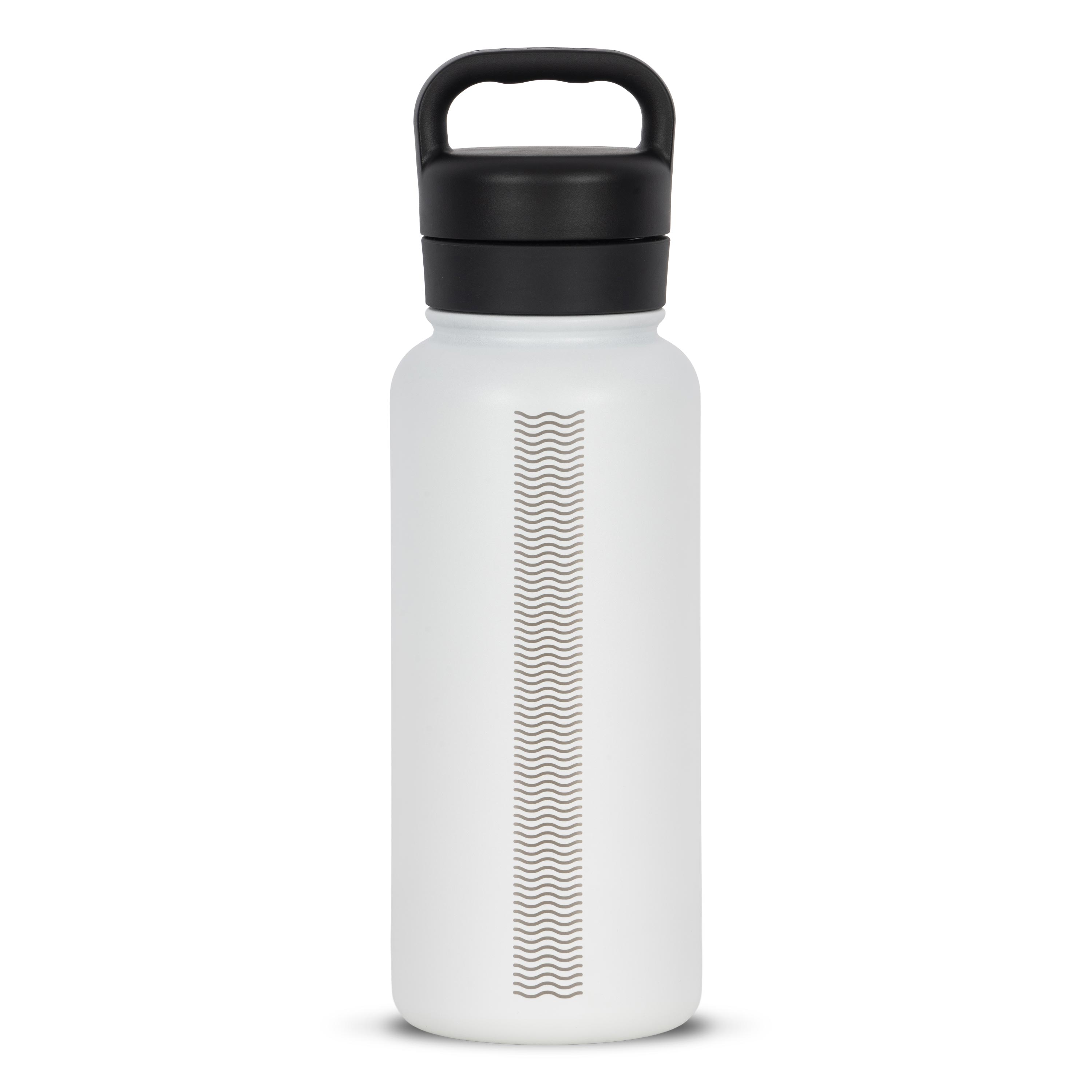 Rear view of white 960ml stainless steel drink bottle with closed lid and handle. Silver etched wave pattern on side.