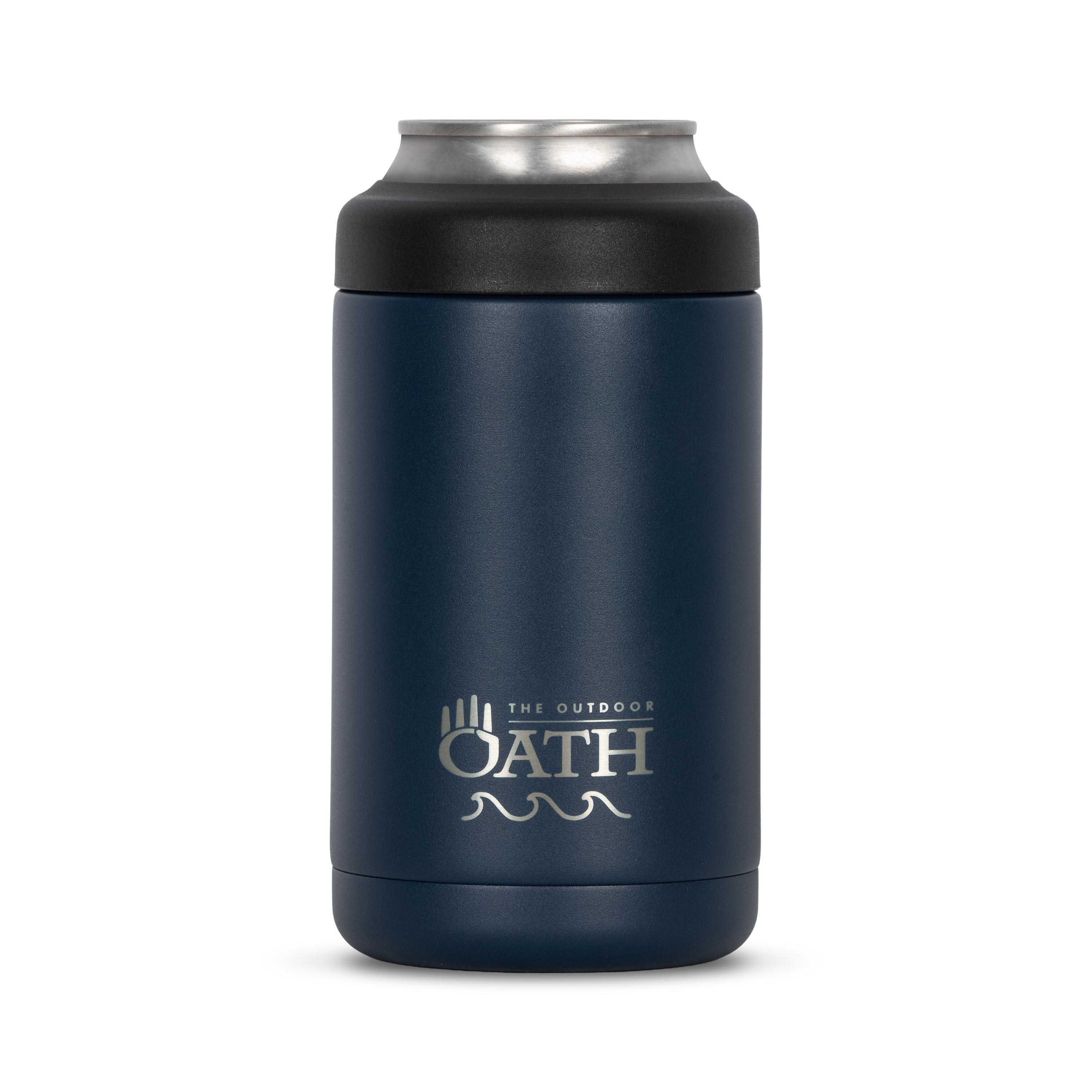 Front view of blue 375ml stainless steel can cooler with drink can inside. Silver etched outdoor oath logo and wave icon on side.