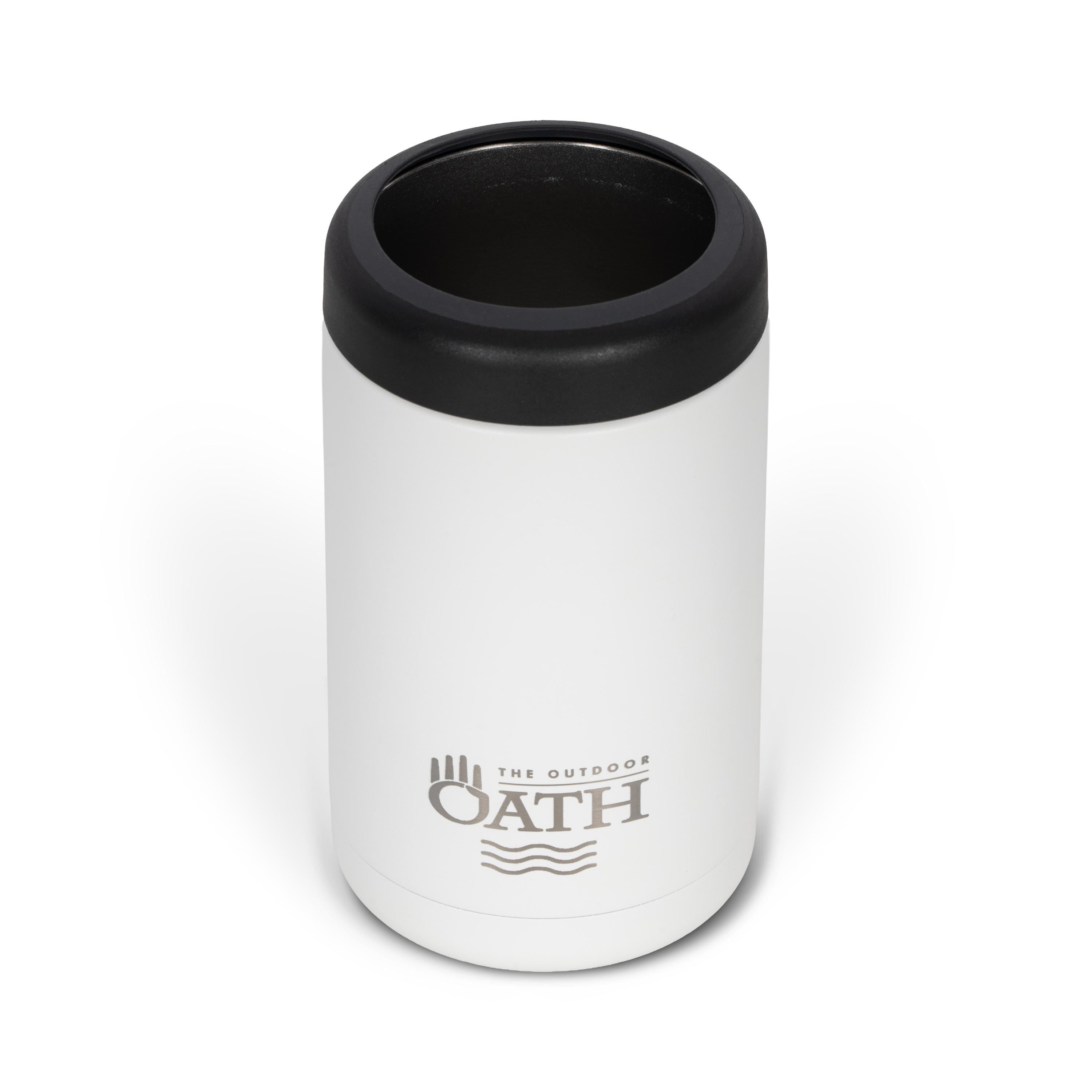 Front view from above of empty white 375ml stainless steel can cooler. Silver etched outdoor oath logo and wave icon on side.