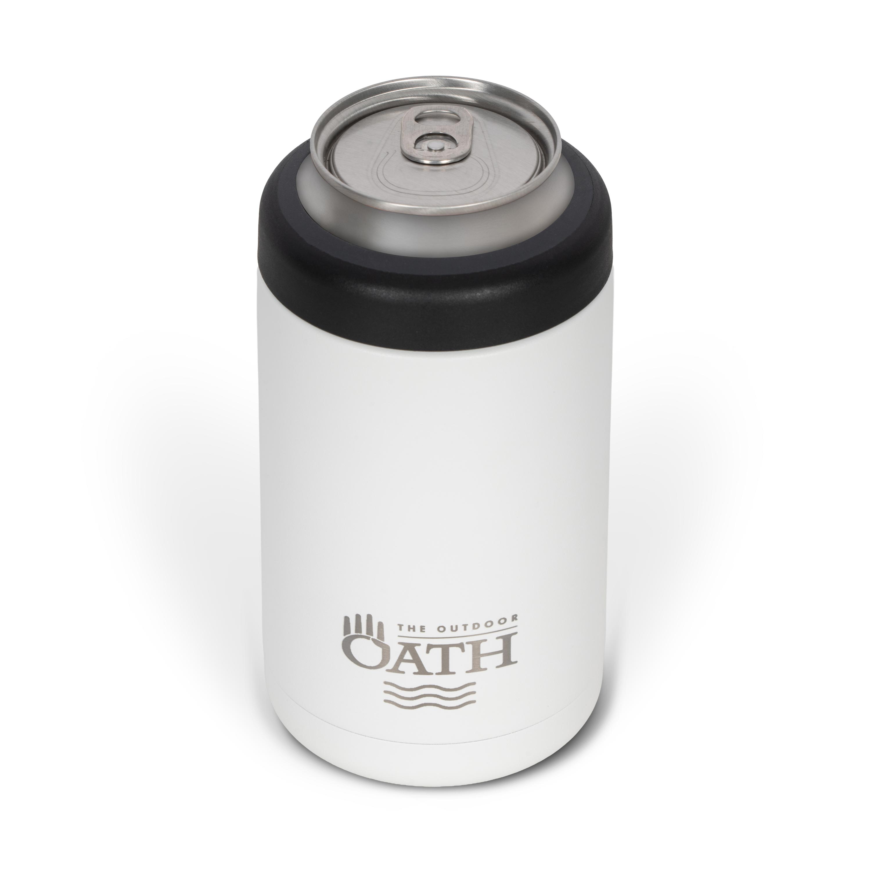 Front view from above of white 375ml stainless steel can cooler with drink can inside. Silver etched outdoor oath logo and wave icon on side.