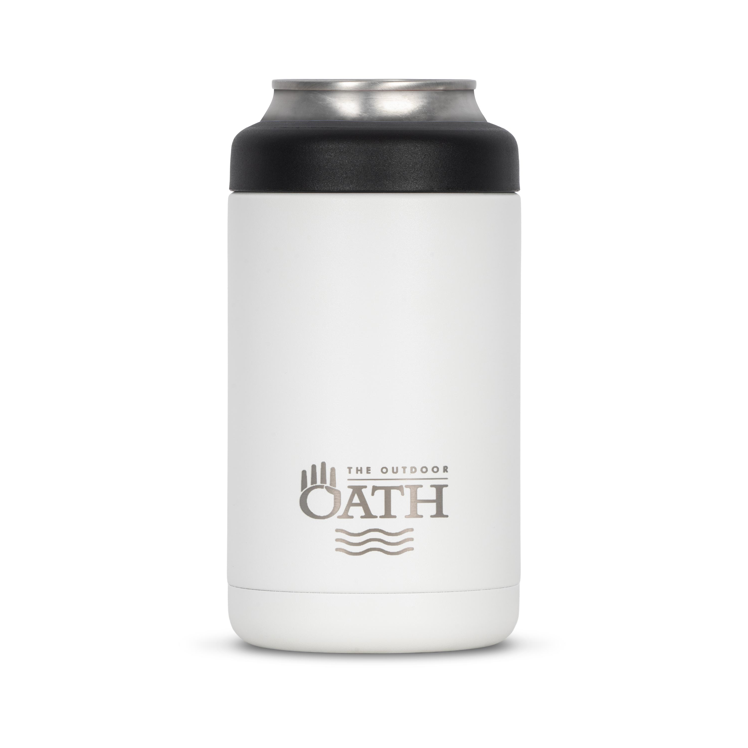 Front view of white 375ml stainless steel can cooler with drink can inside. Silver etched outdoor oath logo and wave icon on side.